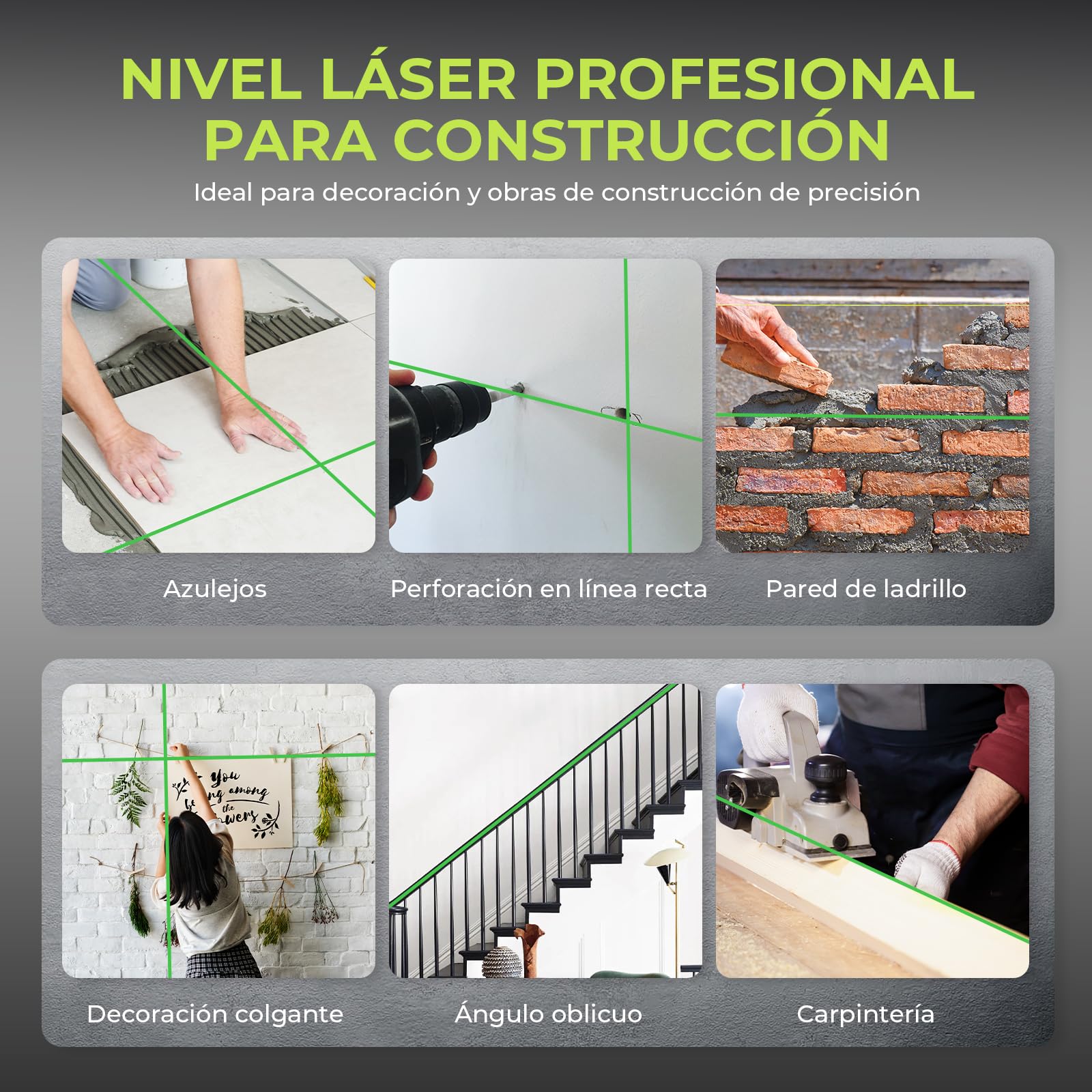 Nivel Láser Verde 360° – 16 Líneas, 4×360°, Autonivelante, Alta Visibilidad, 2 Baterías y Accesorios de Rotación, para Interiores y Exteriores