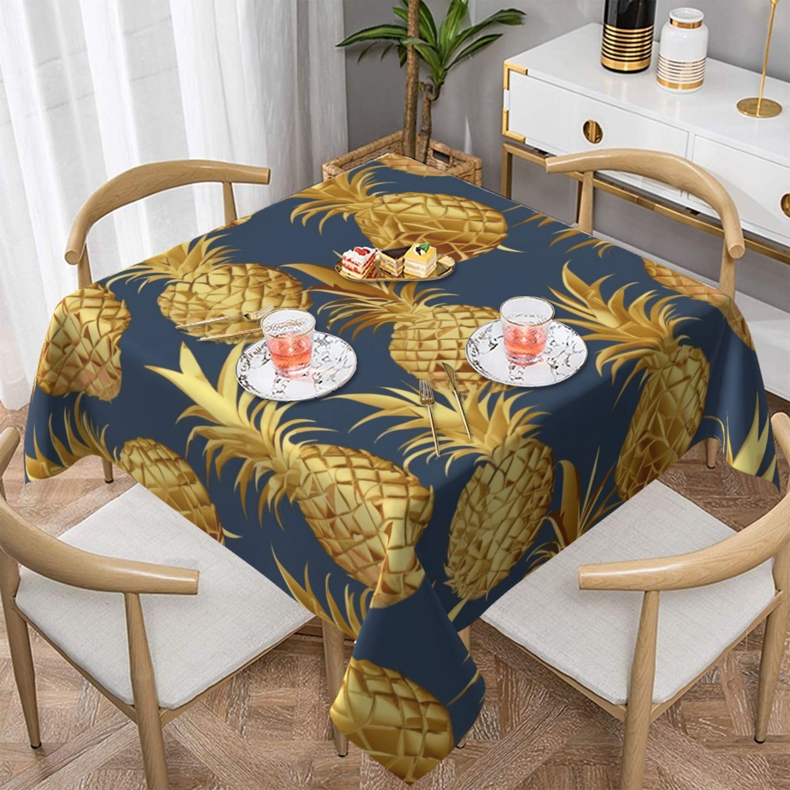 WPKJU Gold Pineapple Background Printed Square Tablecloth 54x54 inch Water Resistant Table Cover Washable Rectangle Table Cloth for Dining Tables
