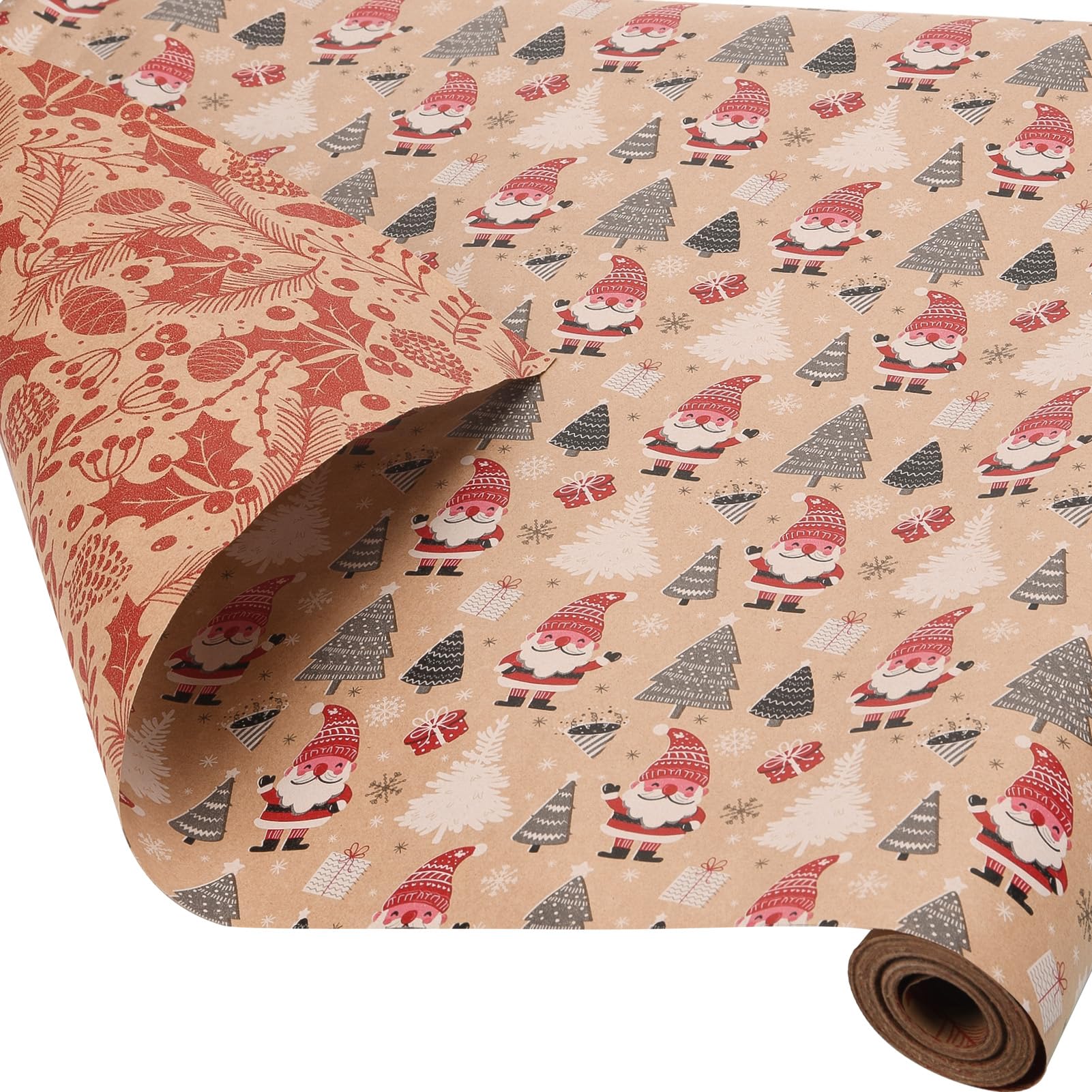 AhfuLife Christmas Kraft Wrapping Paper Roll, Xmas Recyclable Gift Wrap