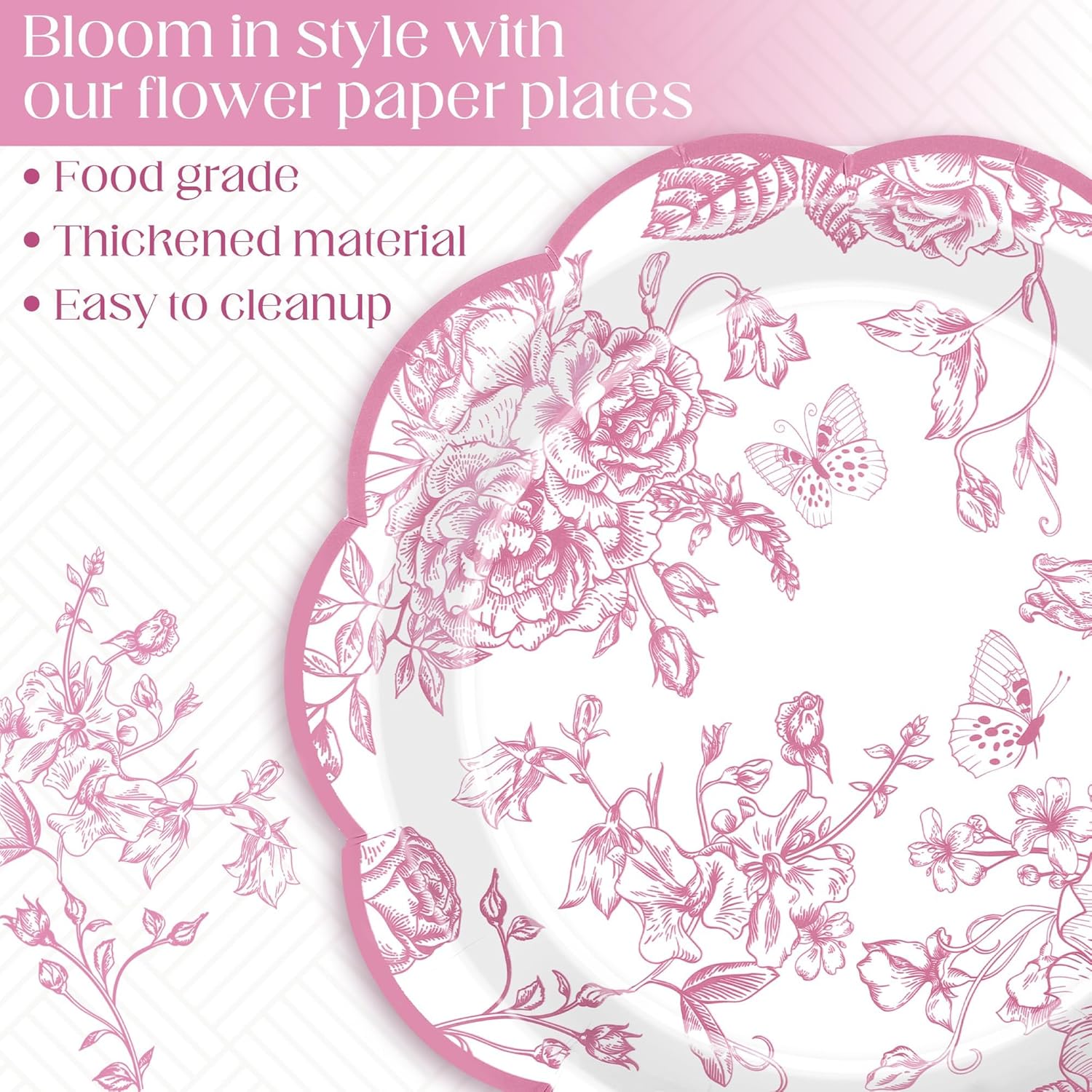 Kochorie 150 Pieces Pink Flower Paper Plates 7 Inches Disposable Floral Paper Plates Scalloped Pink Chinoiserie Vintage Flower Dessert Plate for Wedding Birthday Holiday Party Decor Supplies