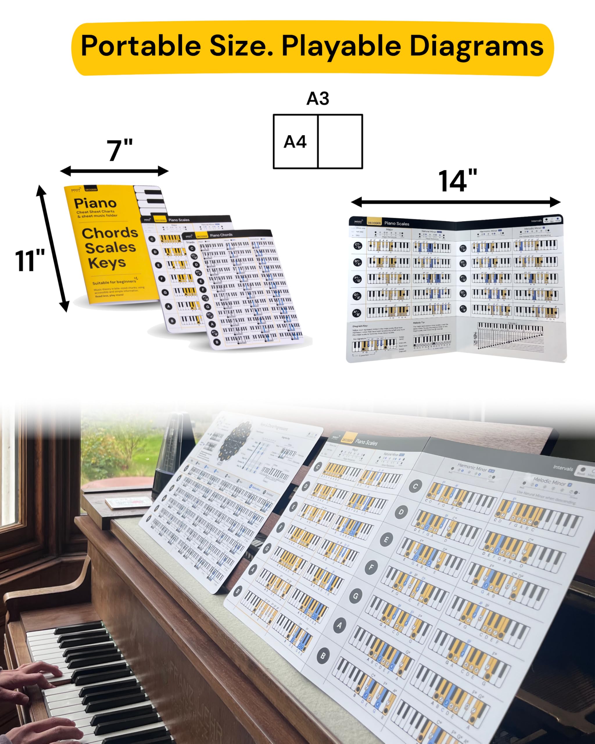 Tabla de acordes y escaleras de piano | Herramienta de aprendizaje musical - Hojas de trucos de teclado en la carpeta - Juego de 2 acordes y teclas