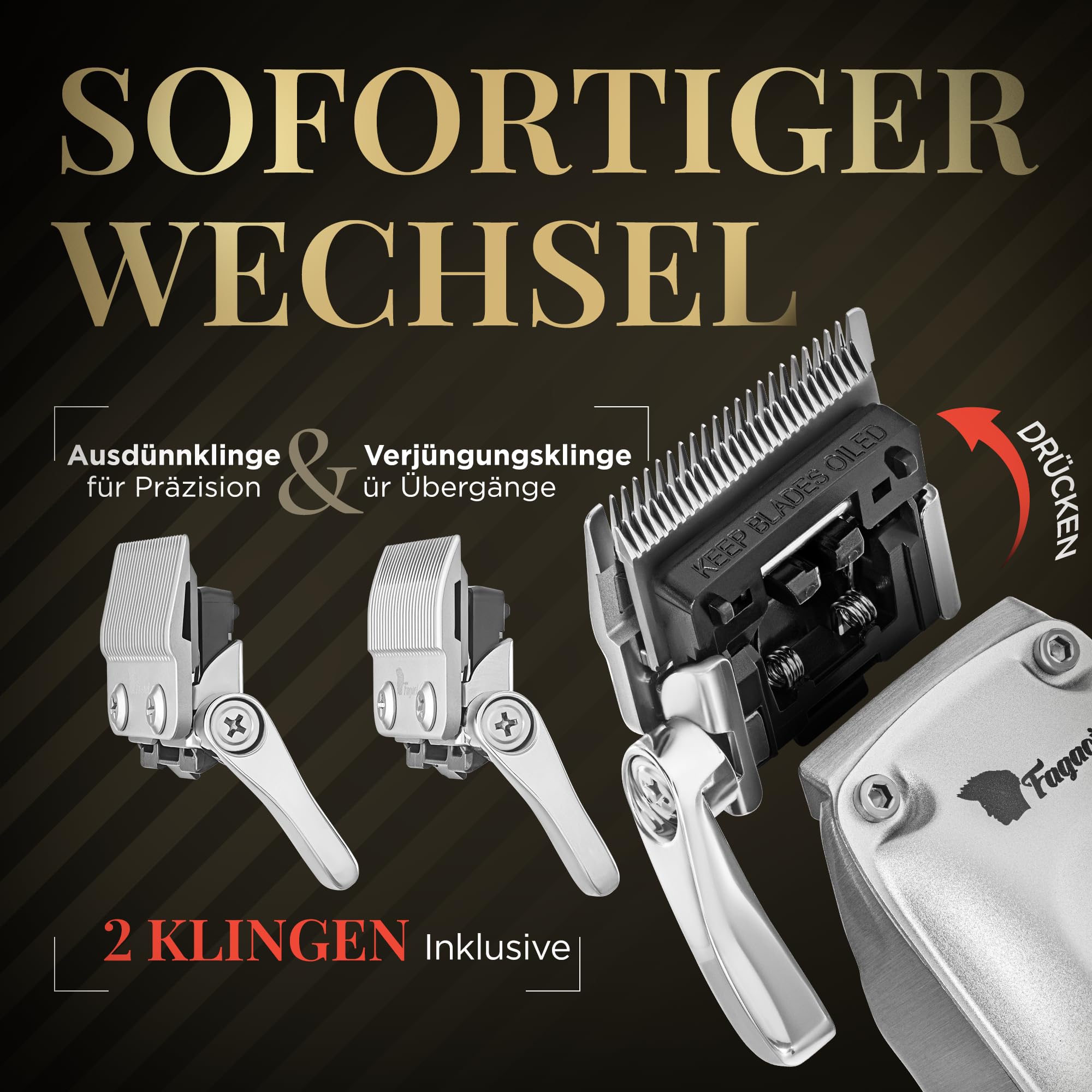 Fagaci Haarschneidemaschine Profi Herren, 2 Klingen Fade und Taper | Fade- und Taper-Klingen, Wechsel per Klick, Keramik oder DLC, kühler Betrieb, 3x Motorlebensdauer, 5x Klingenschärfe