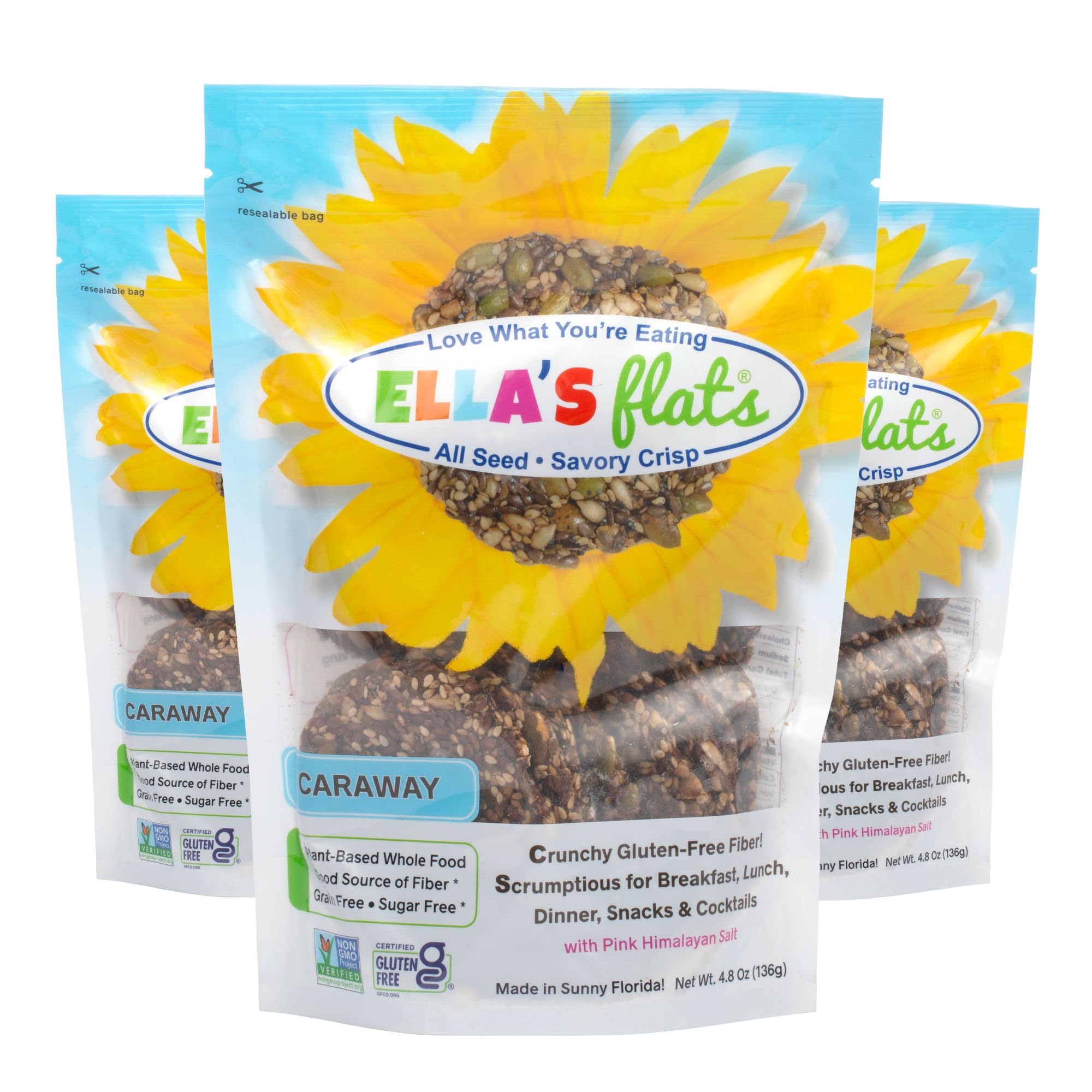bb: apr/12/25 ELLA’S FLATS® Caraway All Seed Savory Crisps – All Natural, Gluten Free, Good Source of Protein, High Fiber, Vegan and Keto Friendly (3 Pack)
