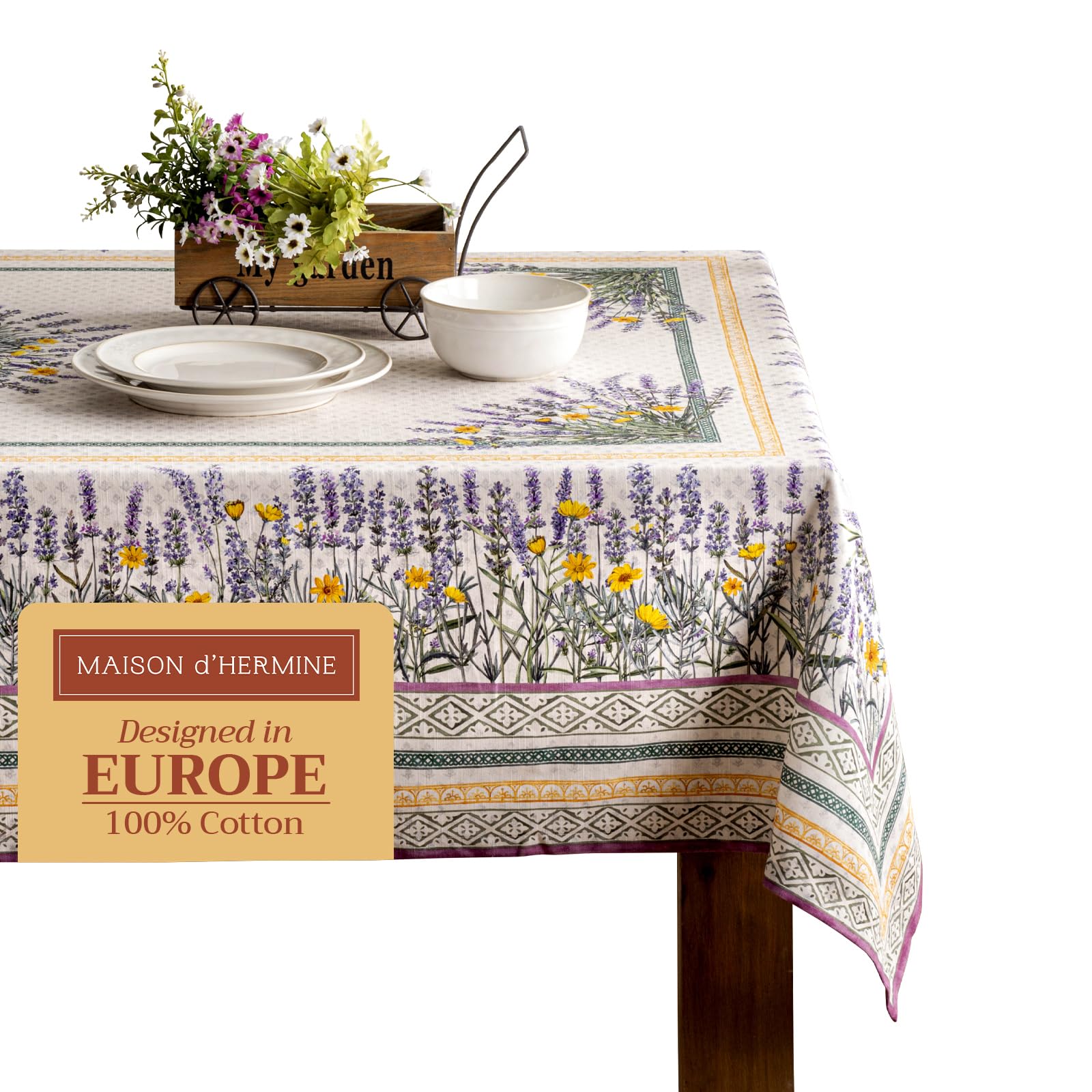 Maison D' Hermine 007 - Fanny Lavender Table Cloth Rectangle Table 100% Cotton 230 Cm X 140 Cm Tablecloth Reusable Everyday Use For Dining Farmhouse Home Party Festive Hotel Kitchen Spring Summer (Fanny Lavender)