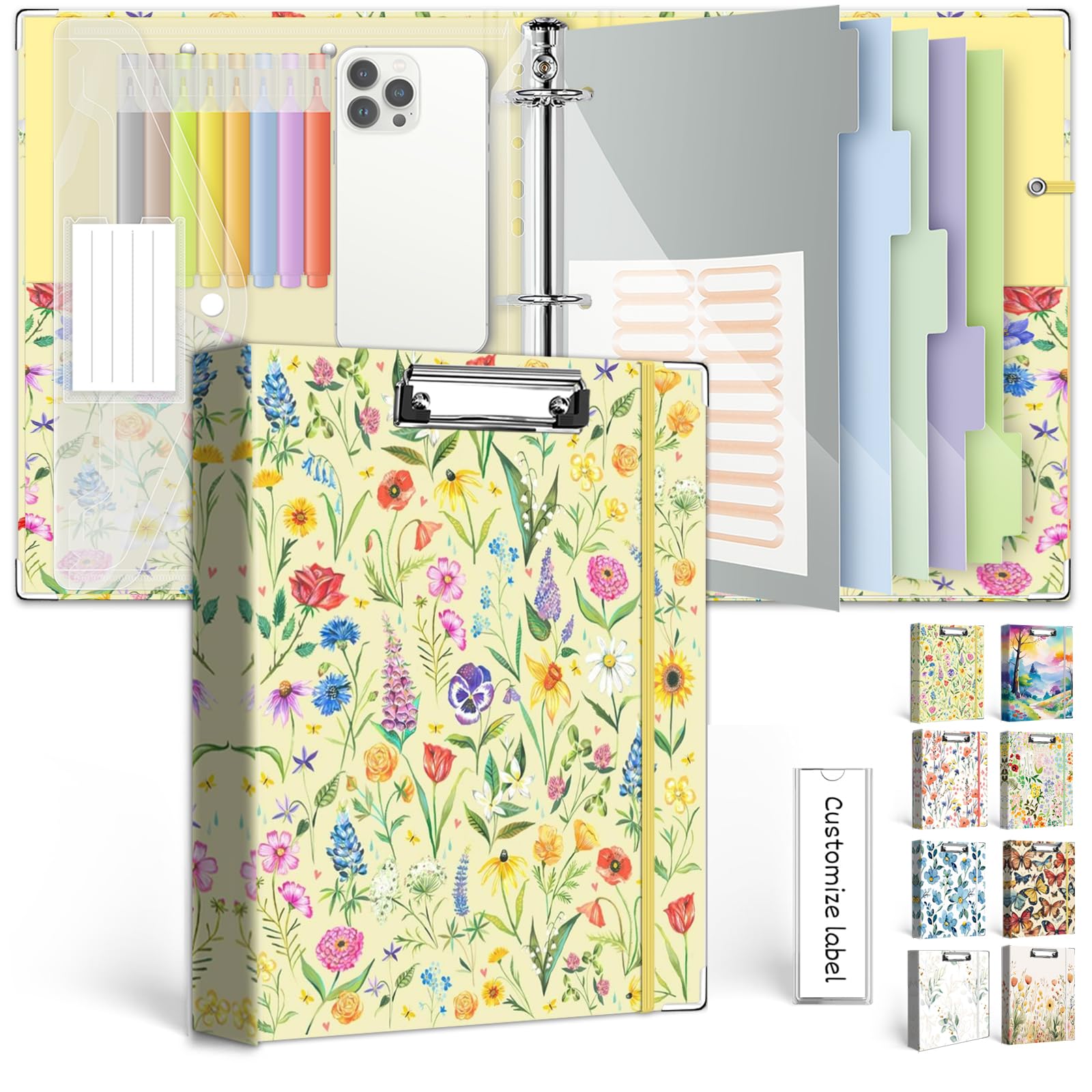 3 Ring Binder 1 Inch, Three Ring Binder Organizer with Clipboard, 5-Tabs Pockets Dividers, Plastic Folder, 18 Divider Stikers, KLLVE Cute Binder with Pen Loop (Garden Party, Letter Size)