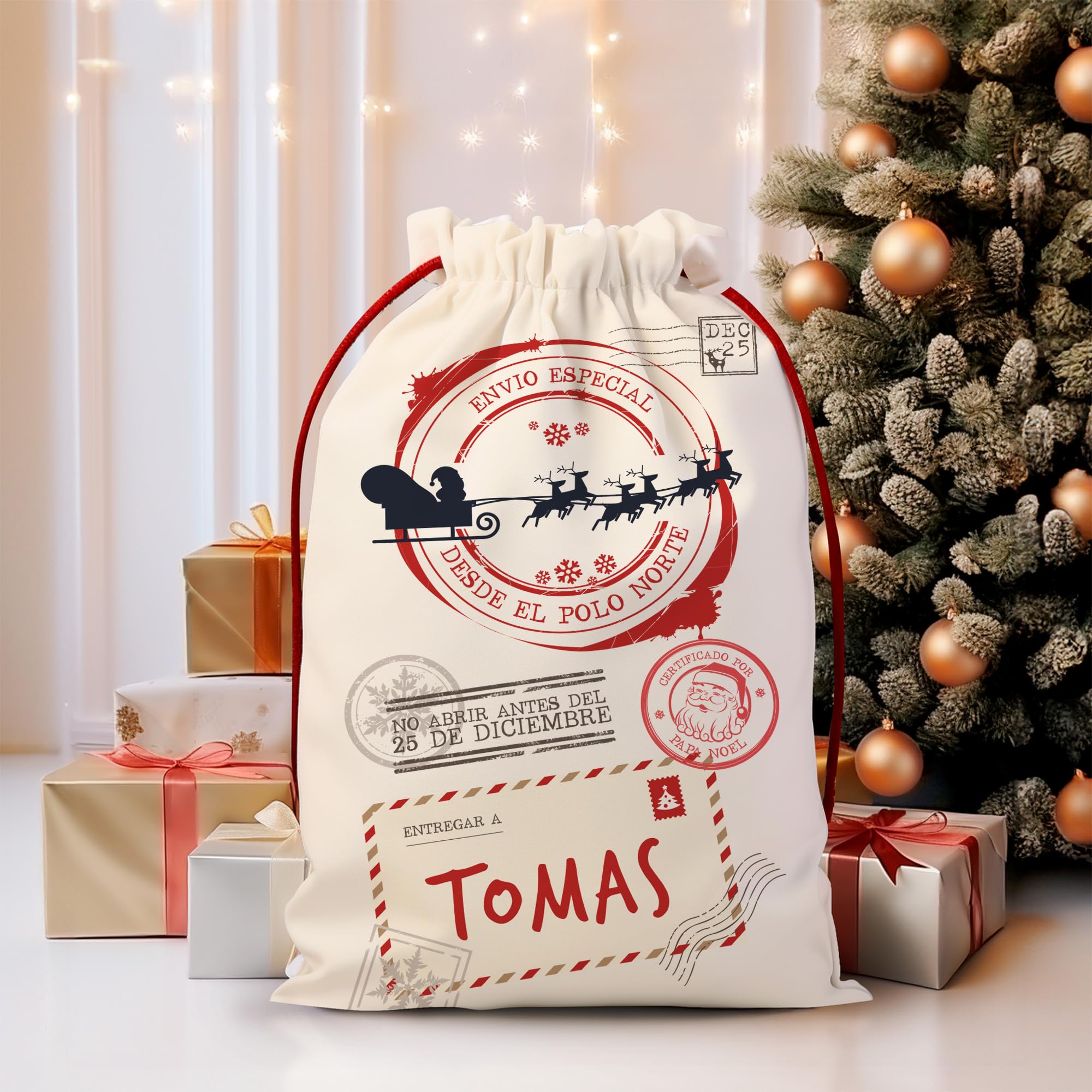 Transparent Gift Saco de Navidad para Regalos Personalizado con Nombre/Trineo. Bolsa para Regalos Navideños. Saco Papá Noel para Regalos de Niños. Adornos Navideños Originales Personalizados de Árbol
