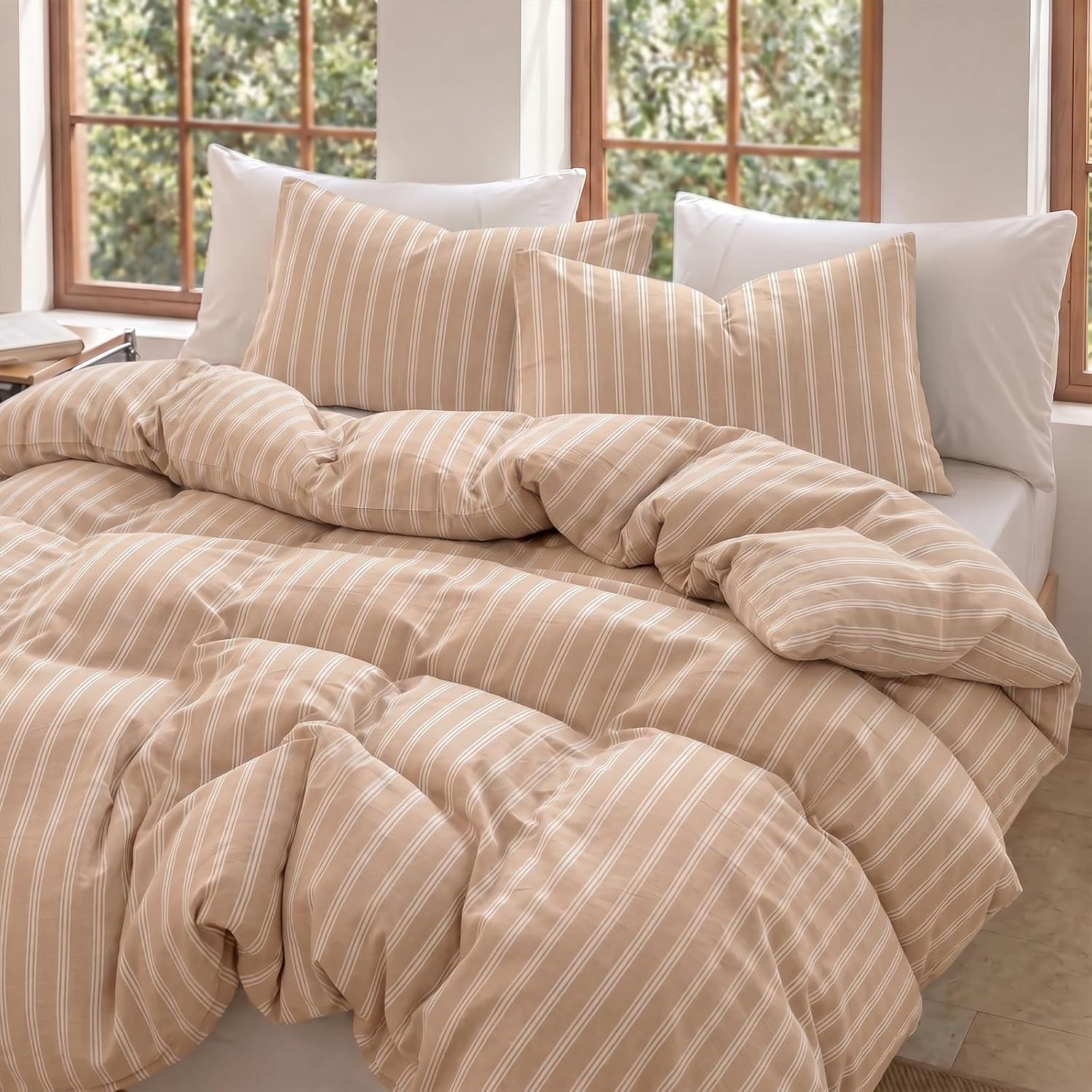 100% Cotton Striped Duvet Cover Set King Size, Beige Ticking Stripe Bedding Set, Washed Cotton Duvet Cover, 3 Pcs Beige Neutral Cottage Bedding with Zipper and 8 Corner Ties