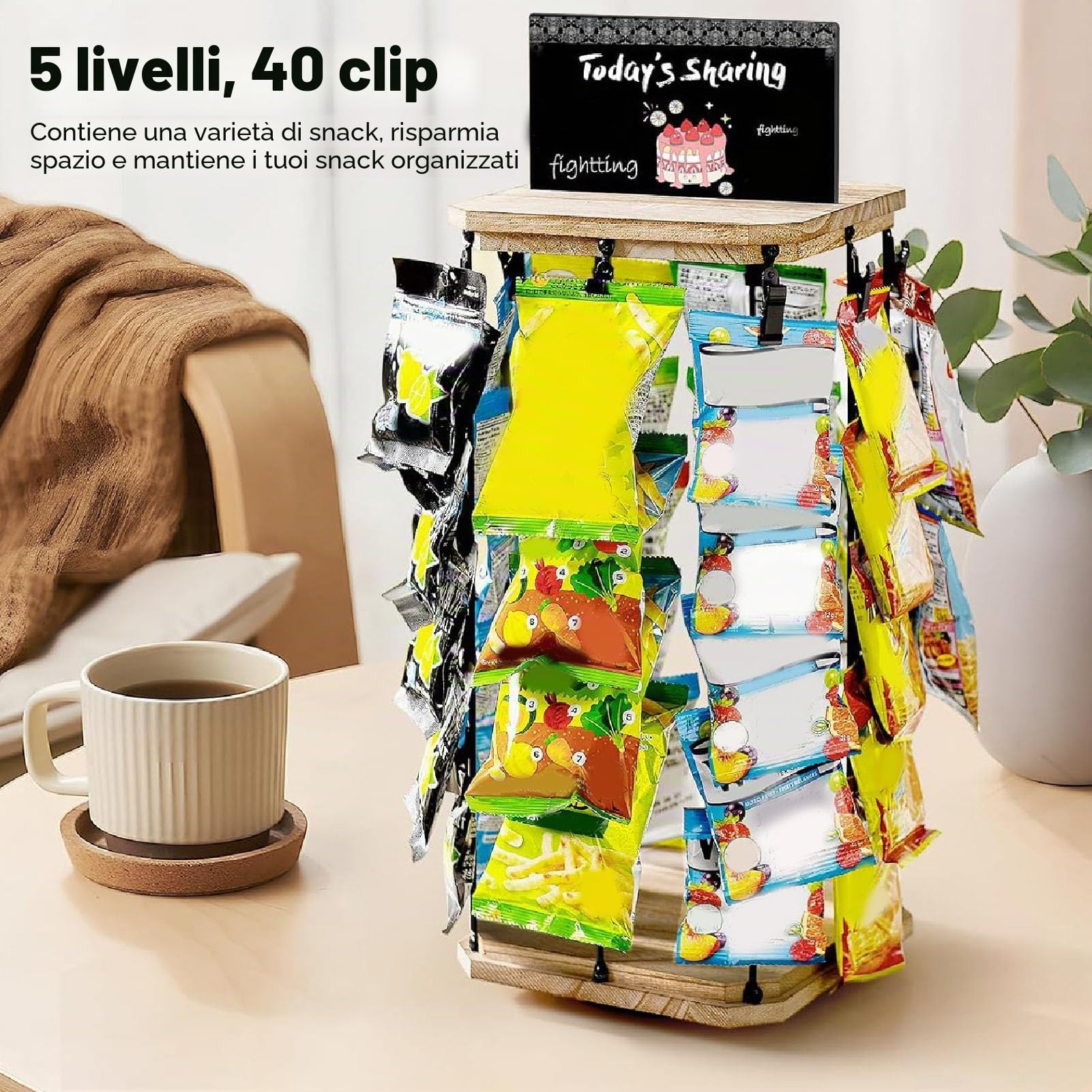 Bewinner Espositore per Patatine 5 Livelli 40 Clip da Vendita al Dettaglio di Snack e Caramelle, Espositore Girevole a 360°