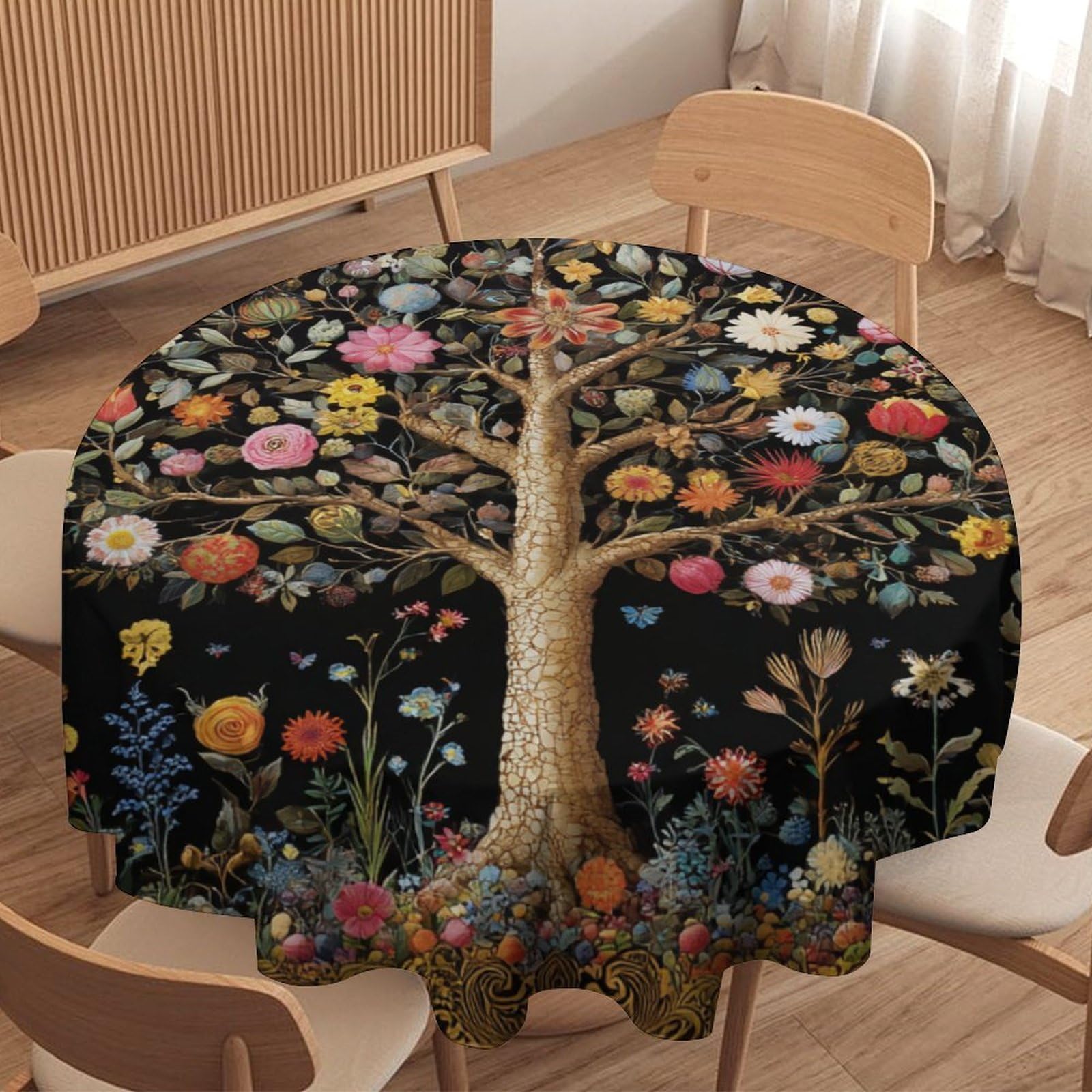 LUYYSKY Beautiful Retro Tree of Life Waterproof Round Tablecloth Modern Art Boho Botanical Trees Flowers Pattern Washable Table Cover for Kitchen-127 Wx127 L cm