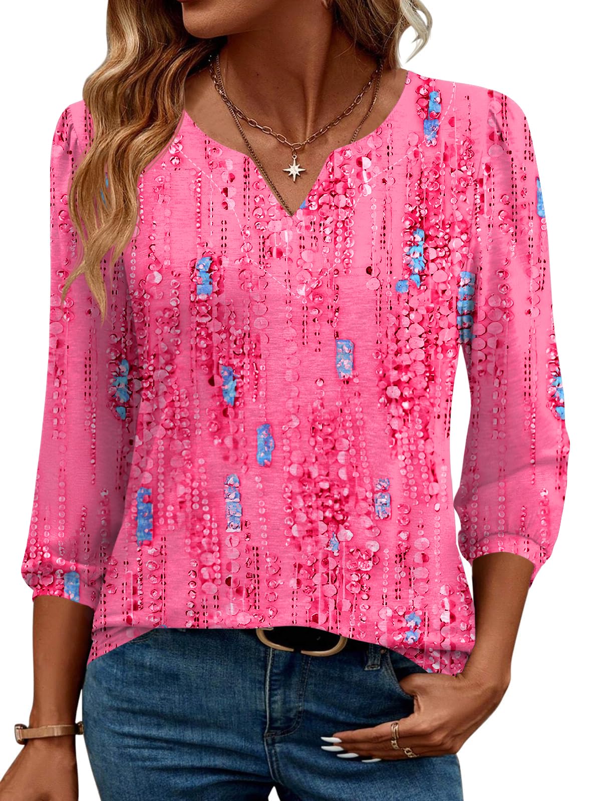 LUYAA 3/4 Length Sleeve Womens Tops Dressy Casual V-Neck Puff Sleeve Blouses Business Work Tunic Shirt S-XXL
