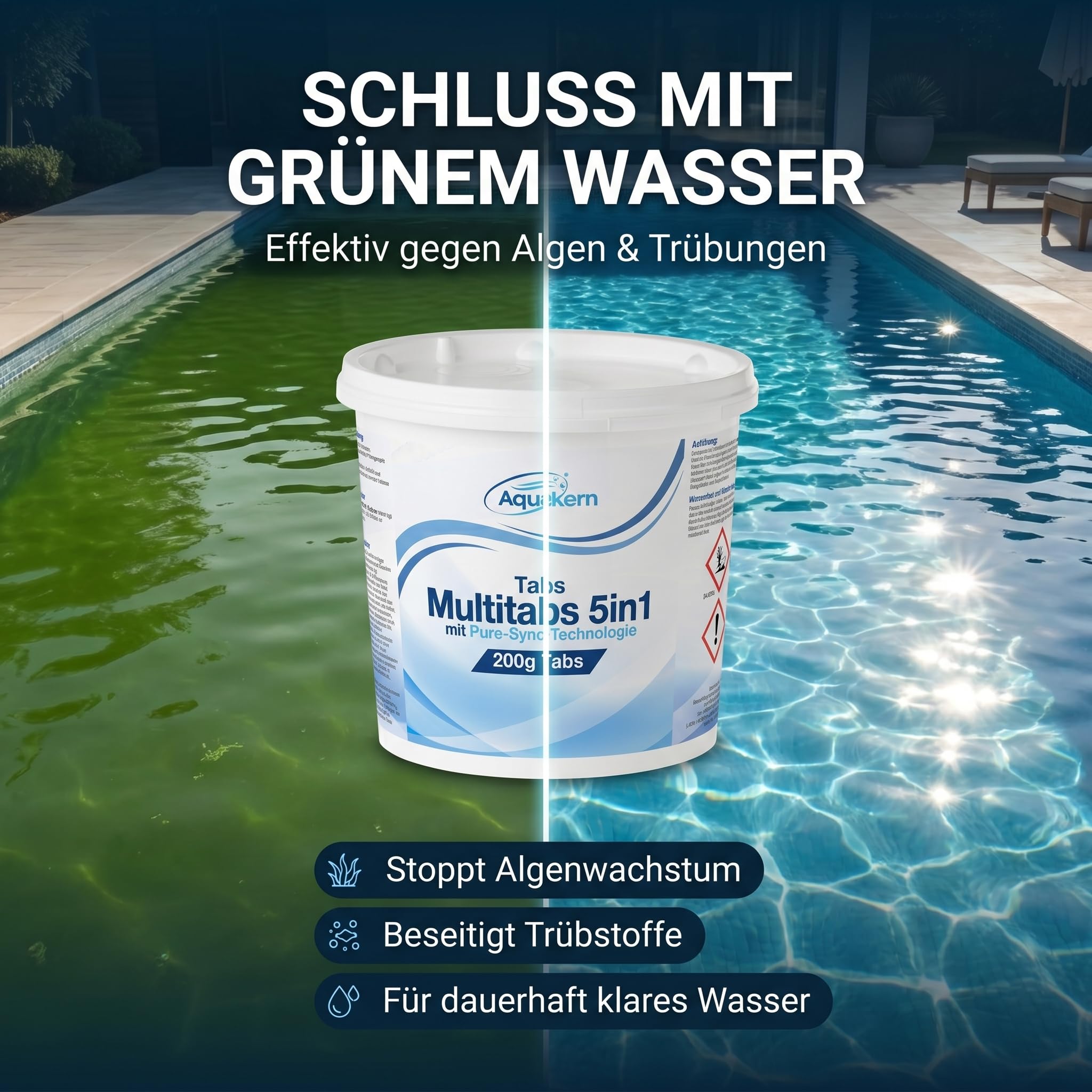 Chlortabletten Multitabs 5in1 Pool 200G 5KG [mit Pure-SYNC] einzeln verpackt | gegen Algen, mit pH-Regulierung, Pooldesinfektion & gegen Kalkablagerungen | Made in Europe