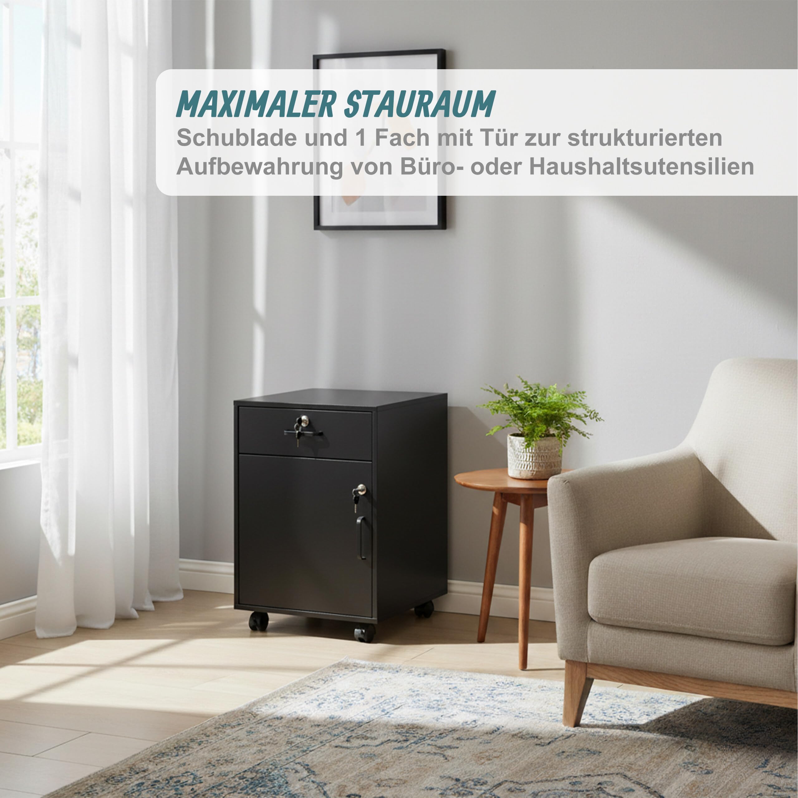 Relaxdays Rollcontainer, Schublade & Türfach, HxBxT: 57 x 40 x 40 cm, abschließbar, Aktenschrank auf Rollen, schwarz
