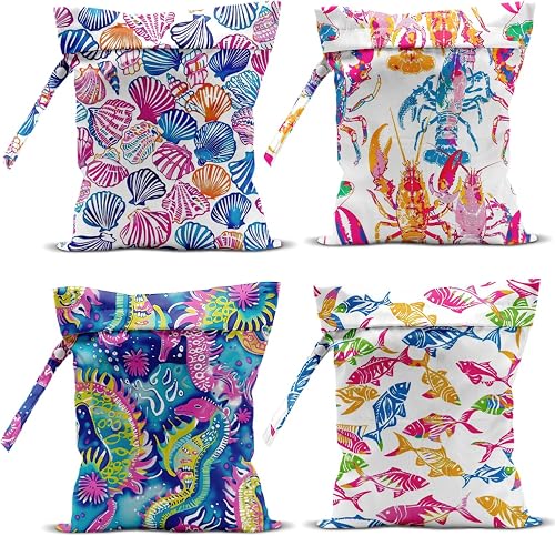 Wet Bag, 4Pcs Wet Dry Bag Set, Reusable Waterproof Bags with Ocean Creature & Shell Patterns for Women, Suitable for Beach Trips & Daily Organizing