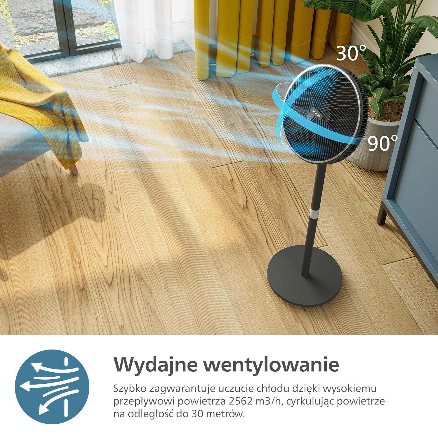 Inteligentny Wentylator Philips Seria 3000. Wydajny i Cichy Z Technologią SilentWings. 19 dB. Regulowana wysokość: wentylator Stołowy i Stojący 2w1. Odchylany i Obrotowy. Aplikacja. Czarny (CX3550/01)