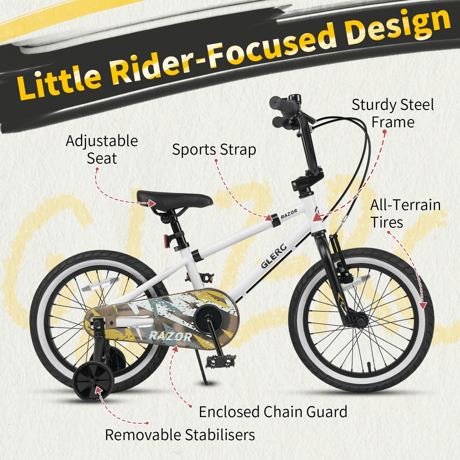 Glerc Razor vélo pour Enfants de 12, 14 et 16 Pouces, Style BMX, pour Les Enfants de 2 à 8 Ans, avec roulettes, béquille et Sonnette, Disponible en Plusieurs Couleurs