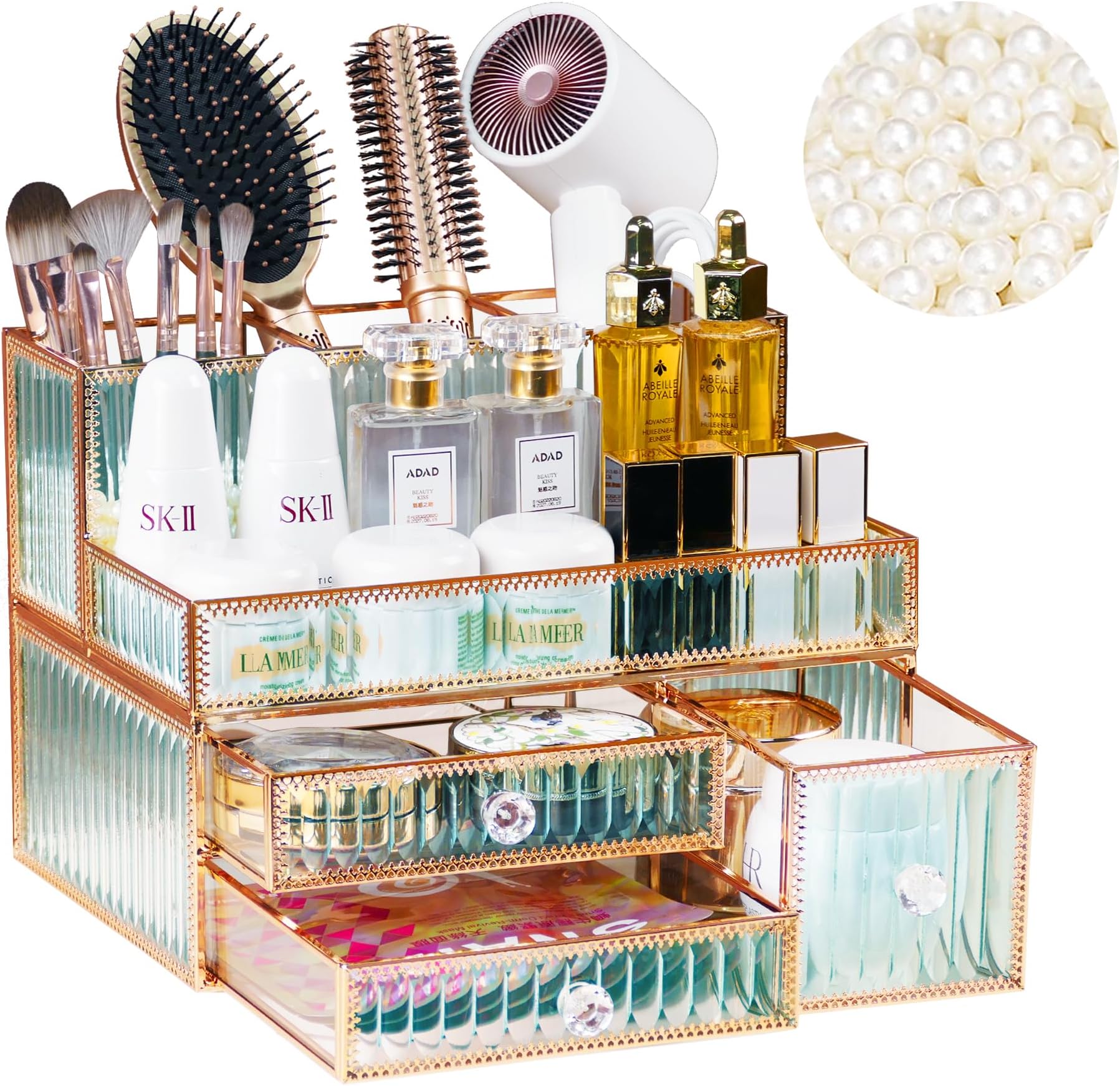Glass Makeup Organizer with Gold Trim for Vanity, Cosmetic