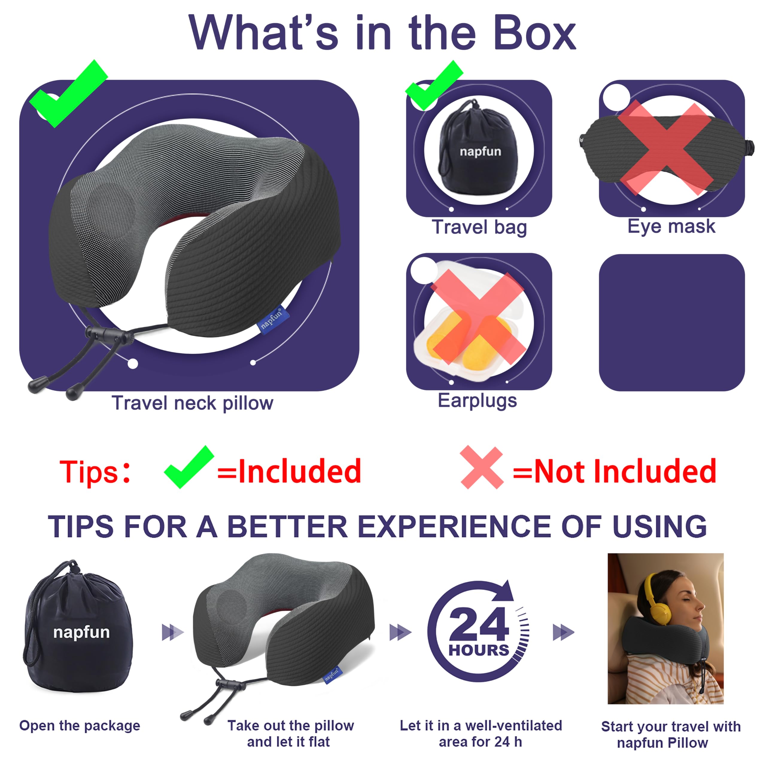 napfun Neck Pillow for Travel, Memory Foam Airplane Pillow, Charcoal Black view 5