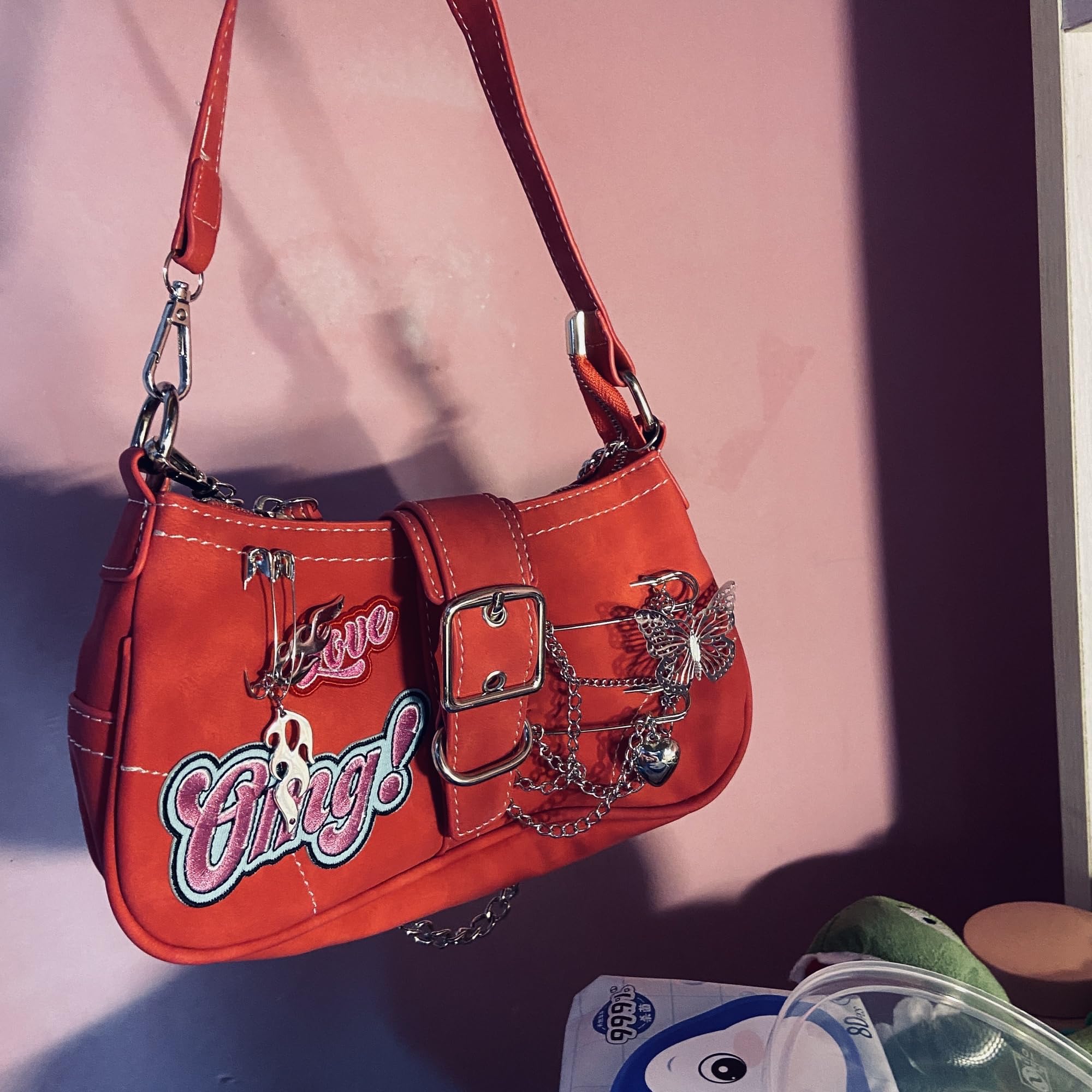 FONETTOS Punk Bag, Sourpuss Gothic Tote Purse Y2K Cool Style Trendy Women Shoulder Bags Rock Fashion Girls Handbag: L-rose Red