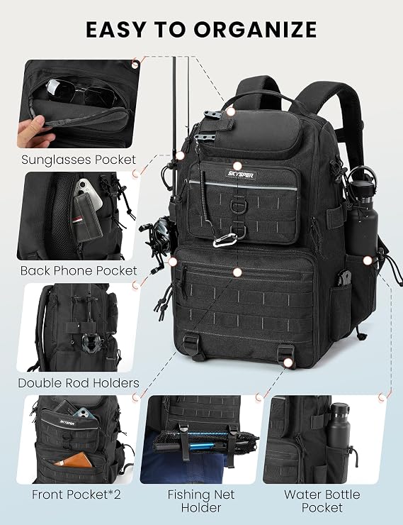 SKYSPER Tackle Backpack Fishing Bags with Rod Holder, 40L Water-Resistant Tackle Box Storage Bag for Fishing Gear Lures(Black)