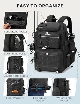 SKYSPER Tackle Backpack Fishing Bags with Rod Holder, 40L Water-Resistant Tackle Box Storage Bag for Fishing Gear Lures(Black)
