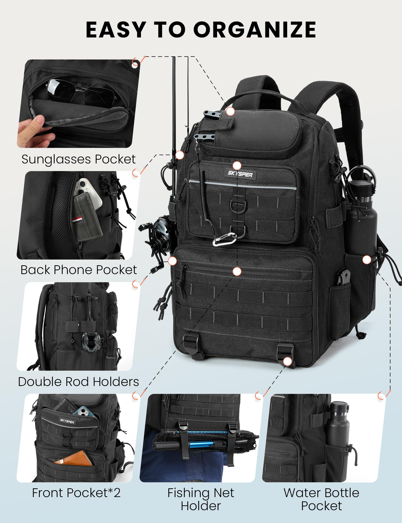 SKYSPER Sac à dos de pêche 40 L pour le rangement de matériel et d'équipement de pêche