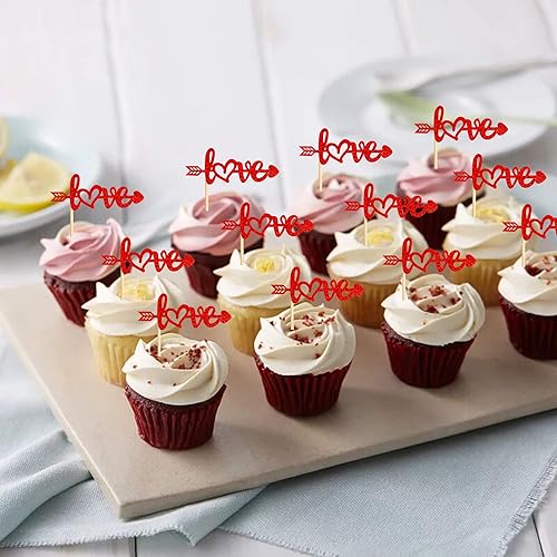 Miniatura 4 de Ercadio Paquete de 24 adornos para cupcakes con flecha roja con purpurina roja para el día de San Valentín, para boda, compromiso, despedida de C