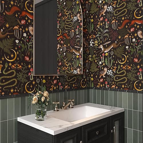 Miniatura 3 de VEELIKE Papel tapiz botánico de cuento de hadas para despegar y pegar, estrellas de luna oscura, papel tapiz floral para dormitorio, cuarto de bebé,