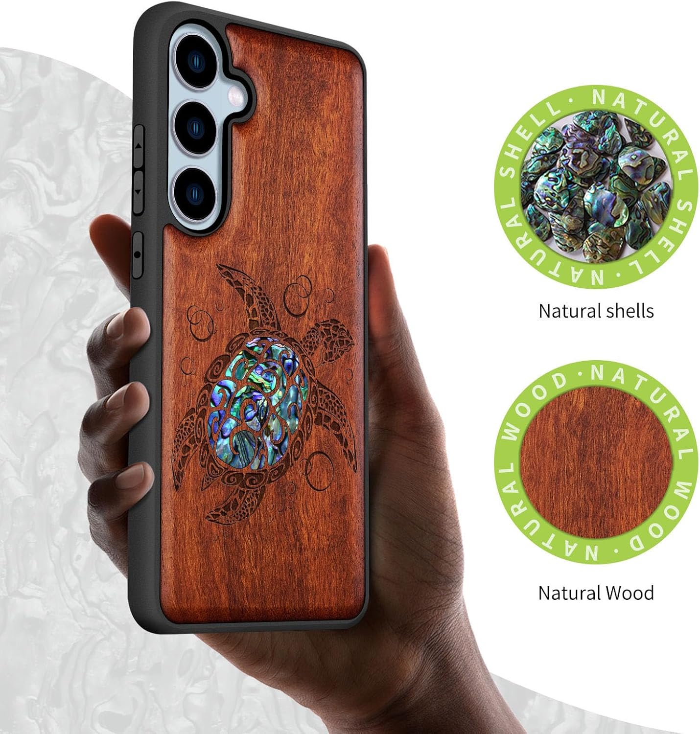 Carveit Designer Wooden Case for Samsung Galaxy S24 FE Case [Wood Engraving & Shell Inlay] Compatible with Wireless Chargers S24 FE Cover (Sea Turtle-Rosy)