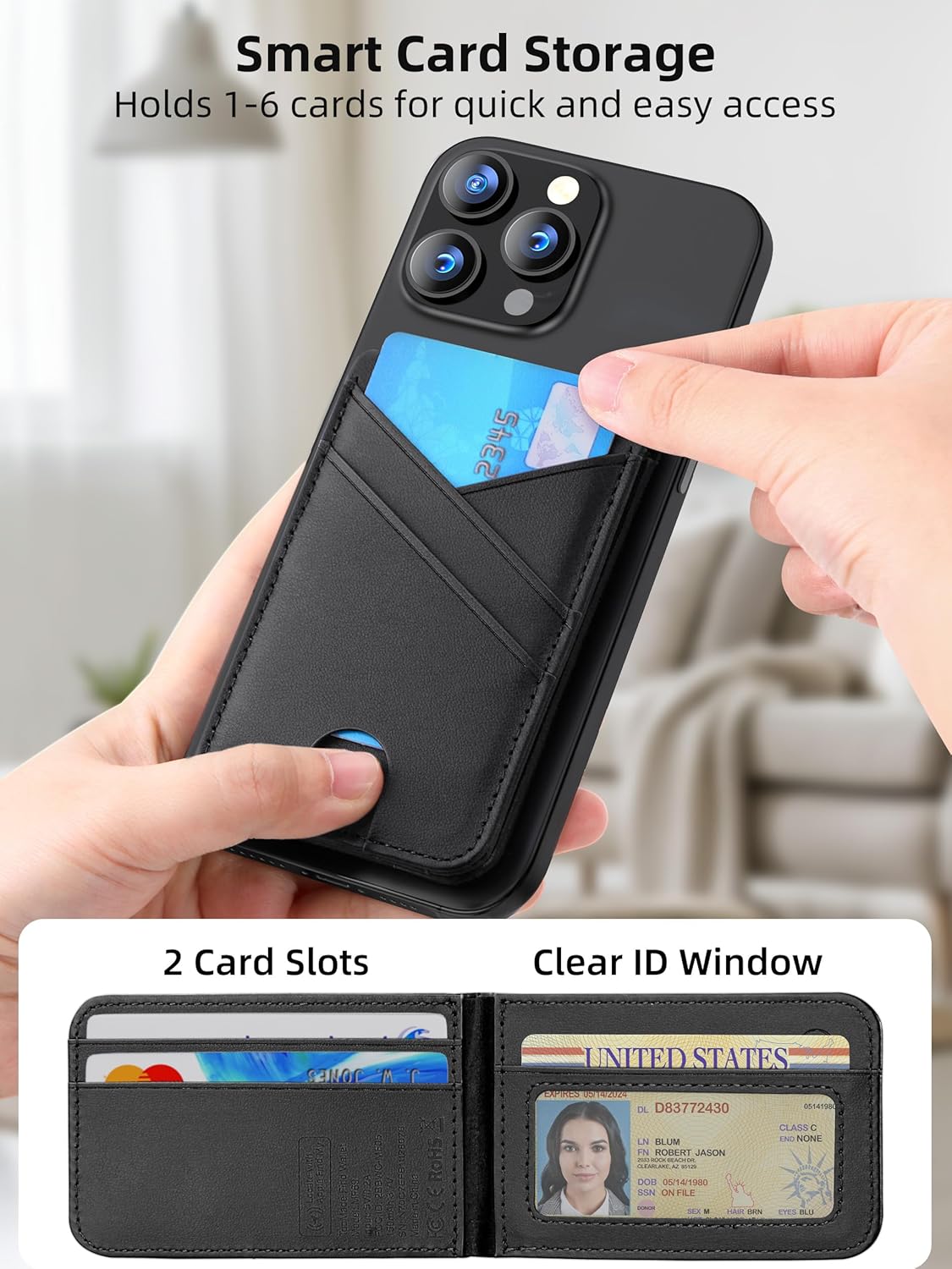 TopMade for Magsafe Wallet, Works with Apple Find My, 6 Card Holder with Adjustable Stand, Finder Tracker, Magnetic Wallet for iPhone 17/16/15/14/13/12 Series, Not for iPhone SE/Mini, Slim, Black