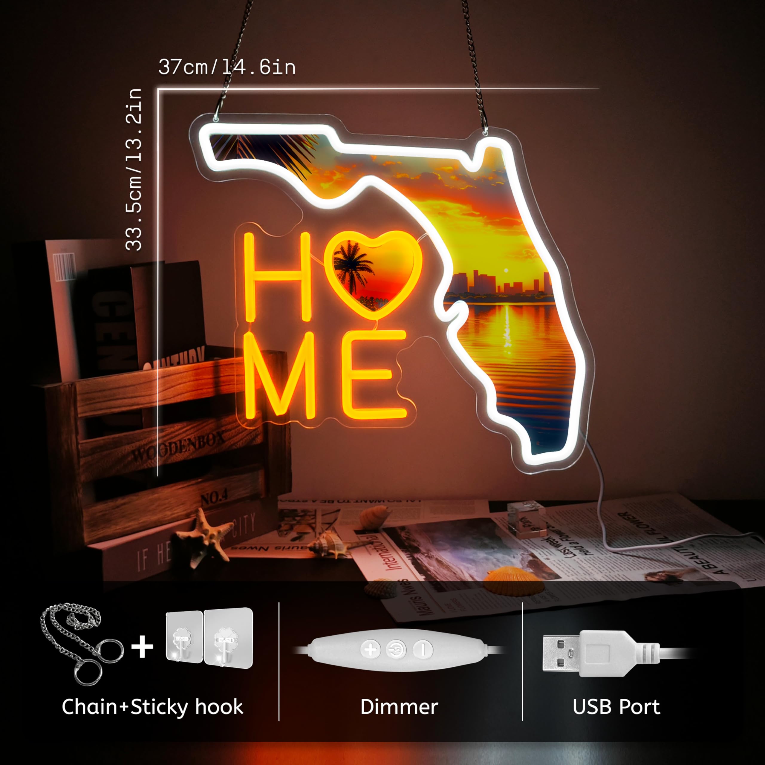 Florida Neon Signs LED Lights USB Powered Dimmer Florida Miami City Neon Lights Signs for Office Bedroom Club Man Cave Game Room Wall Decor