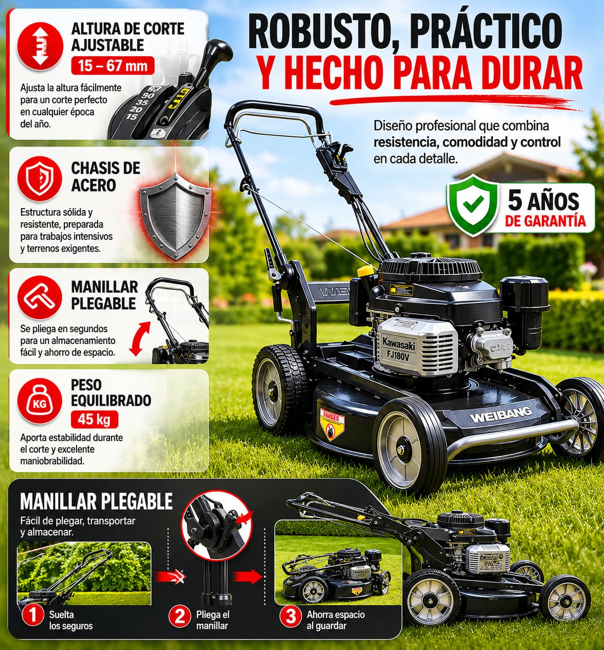 WEIBANG Cortacésped a Gasolina WB 536SKV-M, Motor Kawasaki 179 CC, Corte 53 cm, Chasis de Acero, 3 Velocidades