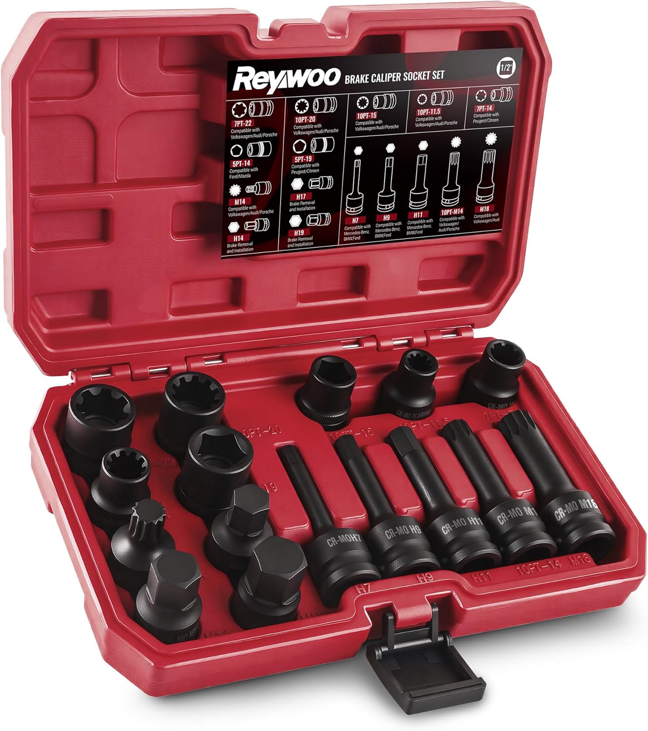 16-Piece Impact Brake Caliper Socket Set, 1/2" Square Drive Brake Adjusting Tool Kit Compatible with Audi Benz BMW Porsche Ford VW
