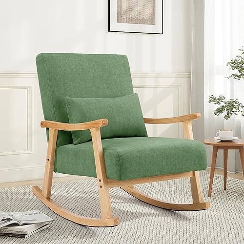 Miniatura 11 de Mecedora moderna de mediados de siglo con almohada lumbar, silla mecedora tapizada para cuarto de bebé, silla de enfermería con marco de madera