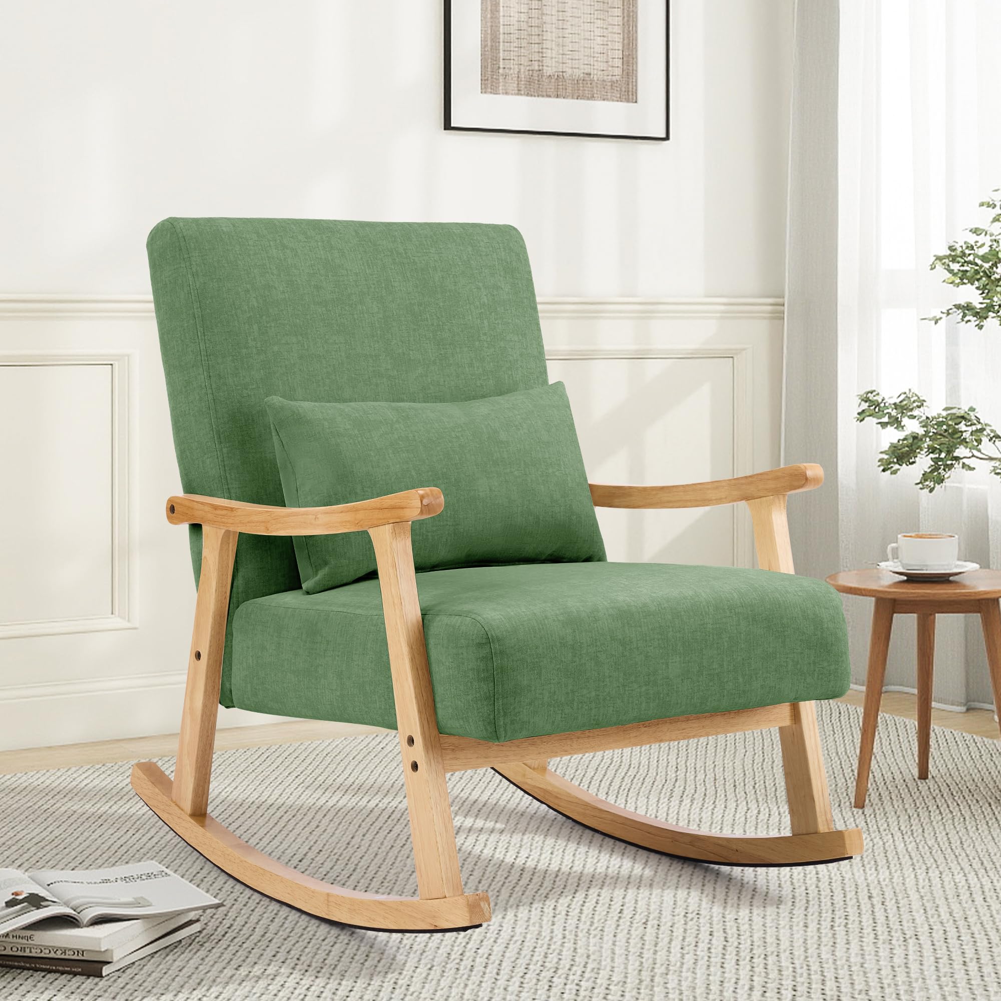 Mid-Century Modern Schaukelstuhl, Schaukelsessel mit Lendenkissen, Gepolsterter Stillsessel mit Holzarmlehnen & Holzbeinen, Bequemer Sessel für Wohnzimmer, Schlafzimmer & Babyzimmer, Grün
