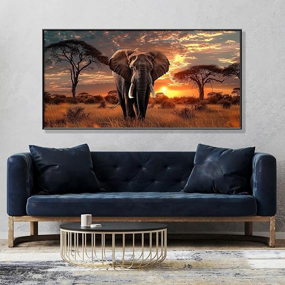 Elephant Canvas Wall Art, Elephant Pictures Wall Decor, African Wall Decor, African Wildlife Wall Art, Animal Wall Art, Jjungle Wall Art, Landscape Wall Art, African Wall Art for Living Room (Gold, 47x23 | 120x60cm)