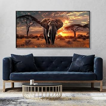 Elephant Canvas Wall Art, Elephant Pictures Wall Decor, African Wall Decor, African Wildlife Wall Art, Animal Wall Art, Jjungle Wall Art, Landscape Wall Art, African Wall Art for Living Room (Gold, 47x23 | 120x60cm)