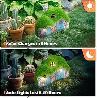 Darkdec Outdoor Figurine Lights Garden House Statue - Outdoor Statues with Solar Lights Garden Cottage Lighting Figurines for Home or Yard Decor