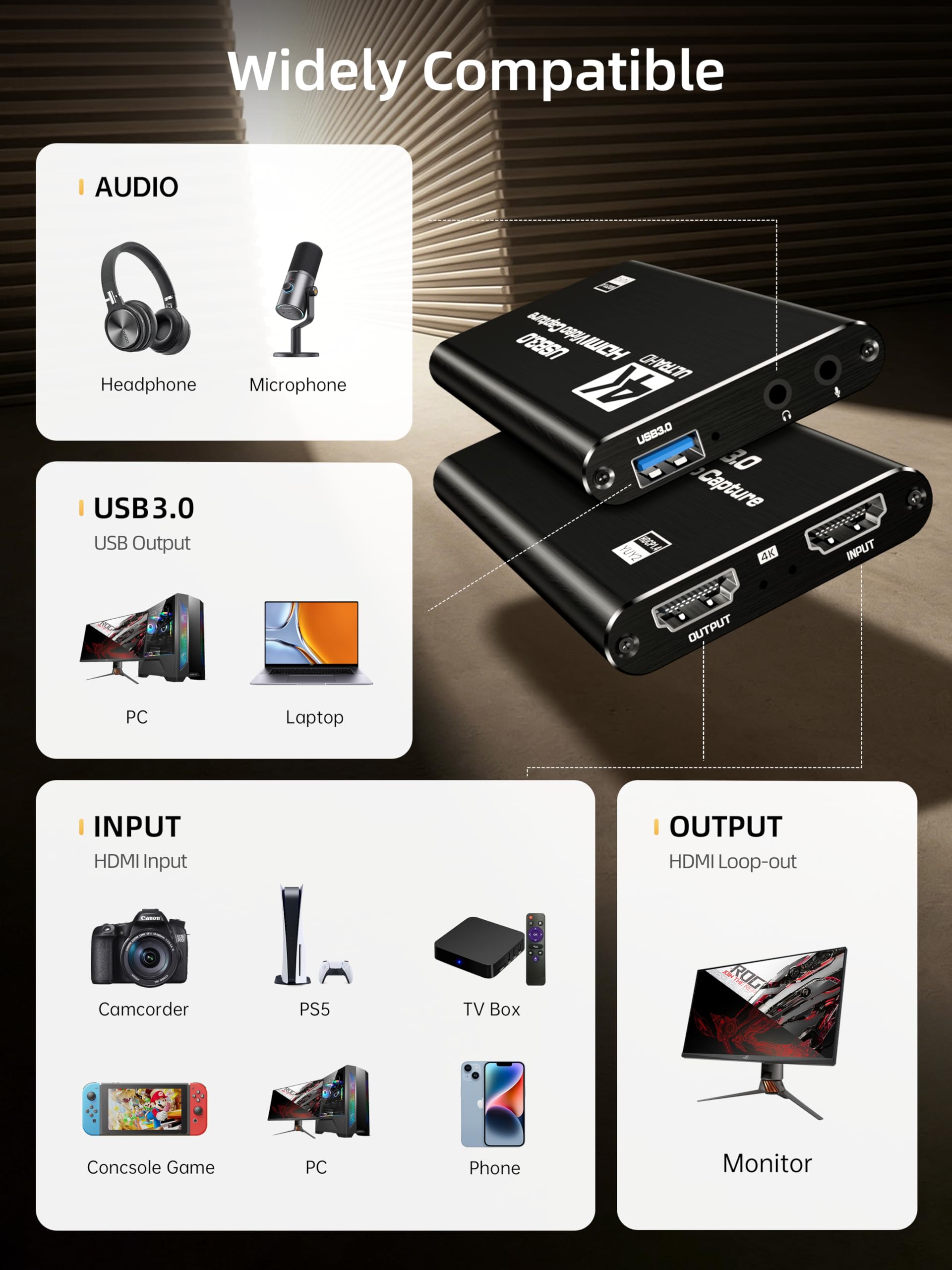 Scheda di acquisizione HDMI, USB 3.0 1080P 60 FPS, scheda di acquisizione video con loop out HDMI e ingresso microfono, acquisizione di giochi a bassa latenza per streaming, compatibile con