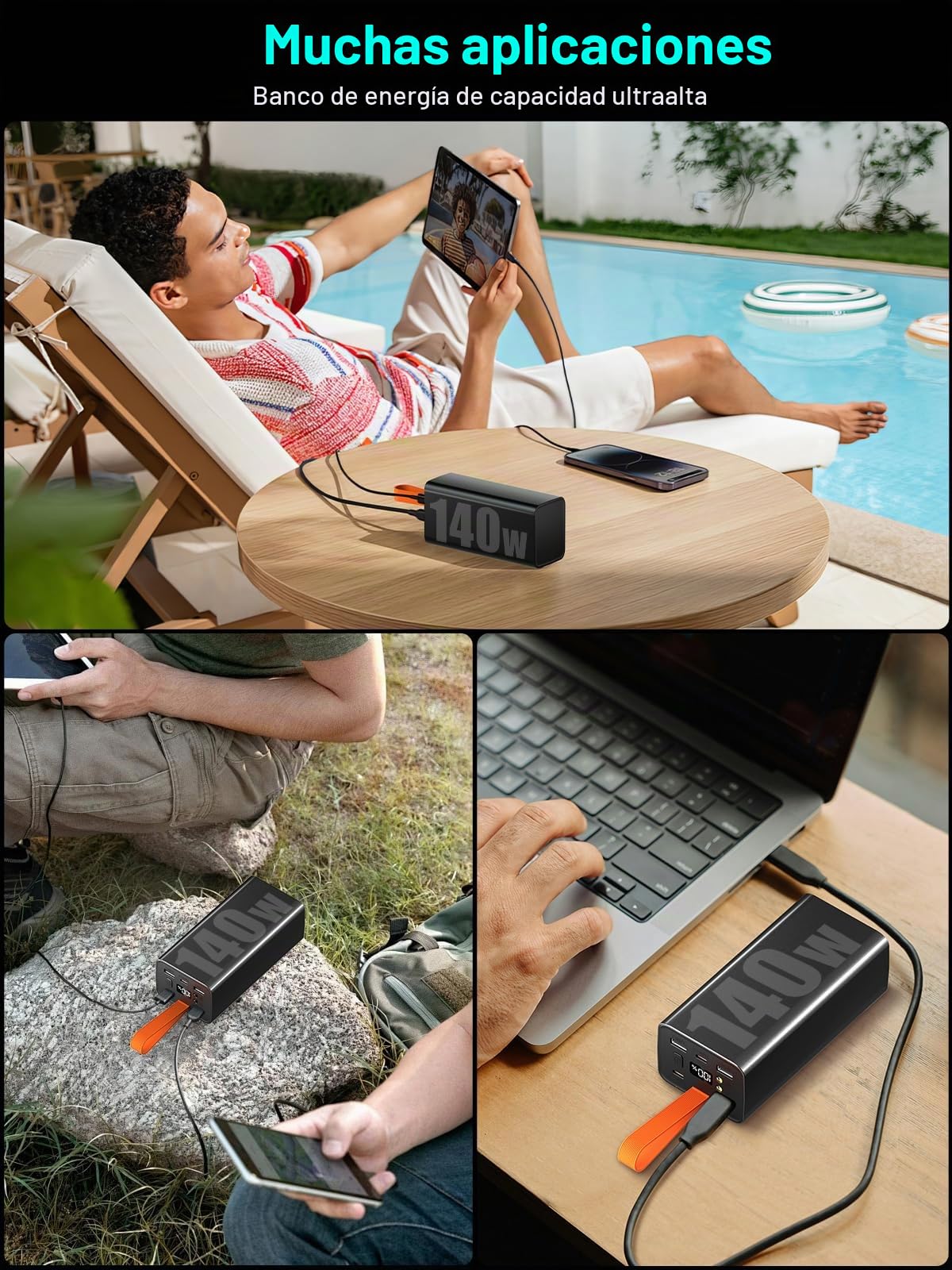 Batería Externa 50000mAh 140W, Power Bank Carga Rápida PD 3.1 & QC 4.0, Cargador Portátil USB C de 4 Puertos con Pantalla LED, para Ordenador Portátil, MacBook, Smartphone, Tablet (Negro)