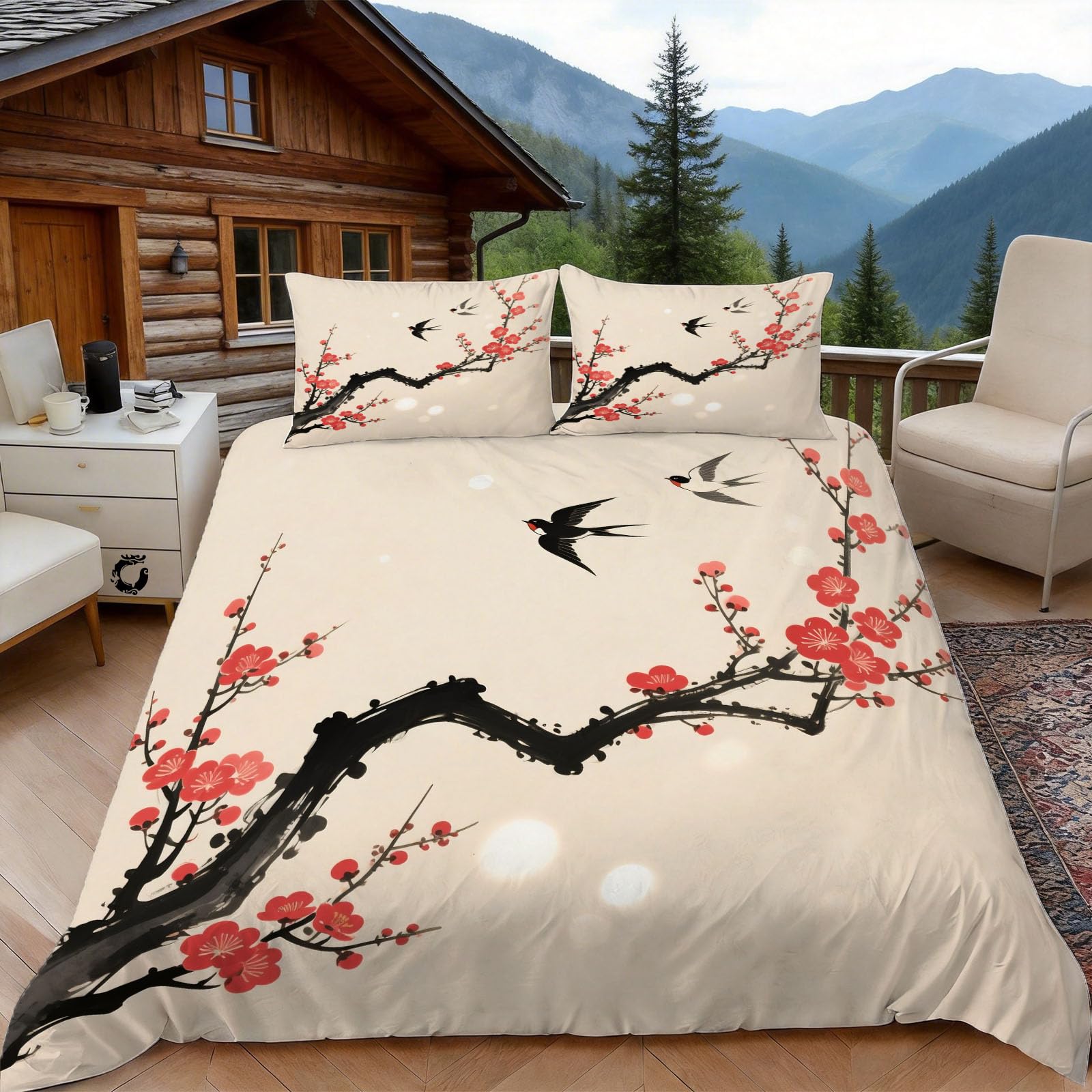 3D Single Duvet Cover Set 3D Printed Pattern Plum Bedding, Oriental Aesthetics Soft Microfibre Duvet Cover Sets Quilt Cover and Pillow Set with Zipper 3 Pcs