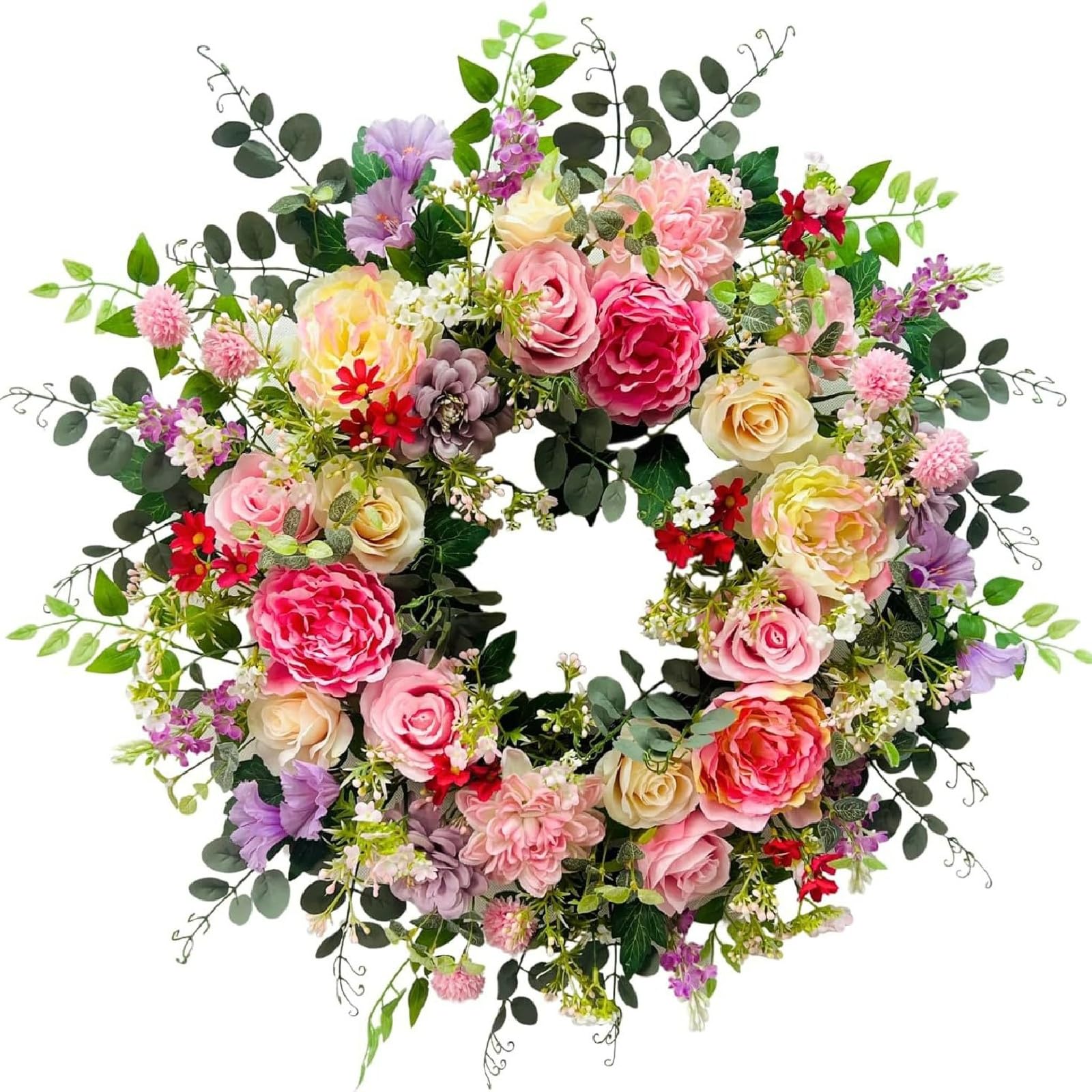 Künstlicher Rosenkranz mit Rosen Pfingstrose und Eukalyptus, 45 cm Frühlings- und Sommerkranz, für Garten, Eingangstür, Fenster, Hochzeit, Party, Festival, Weihnachten