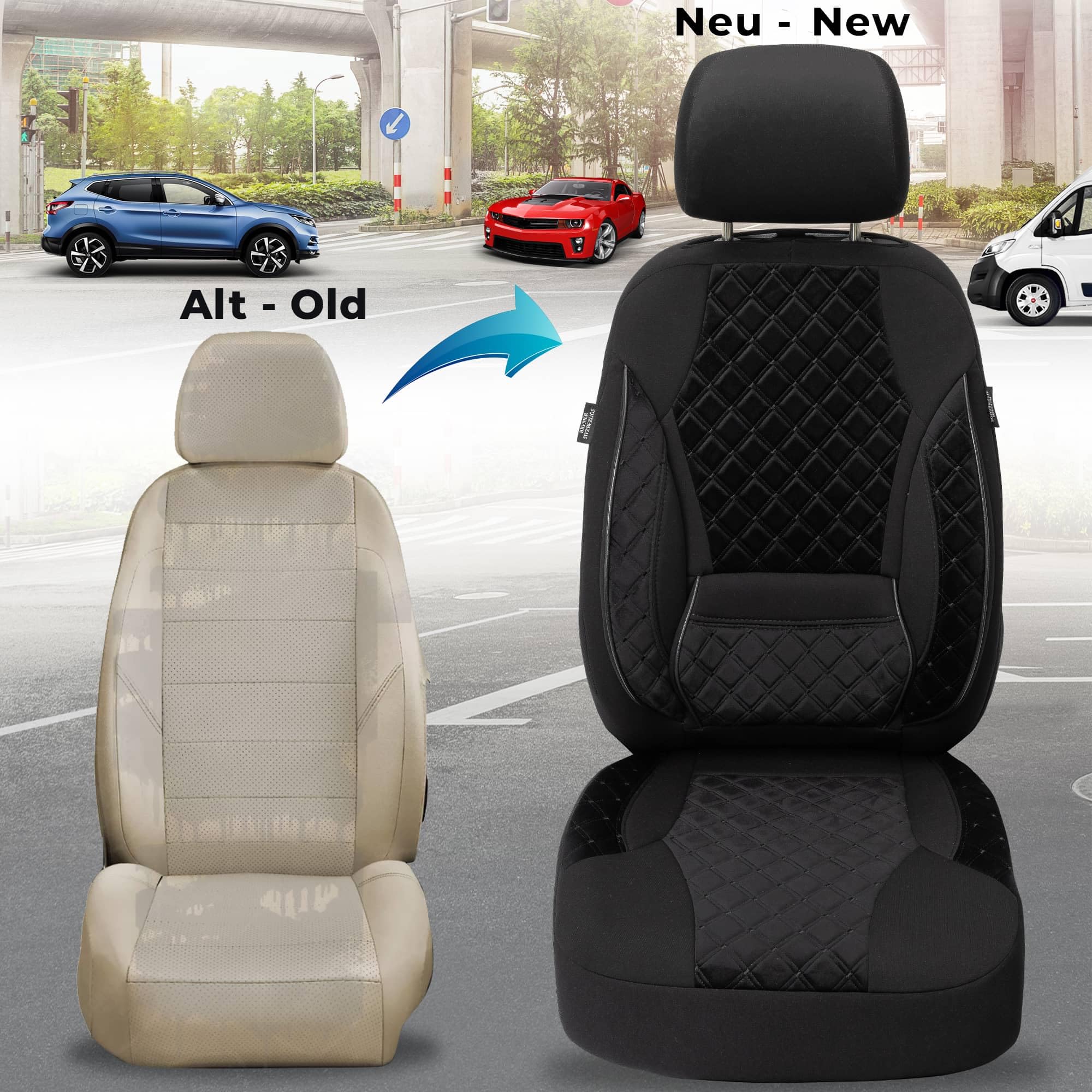 Autositzbezüge Universal für PKW, SUV – Premium Vordersitzbezüge Schwarz, hochwertig verarbeitet für mehr Sitzkomfort, Airbag-kompatibel, Schonbezüge für Fahrer & Beifahrersitz mit Rückentasche