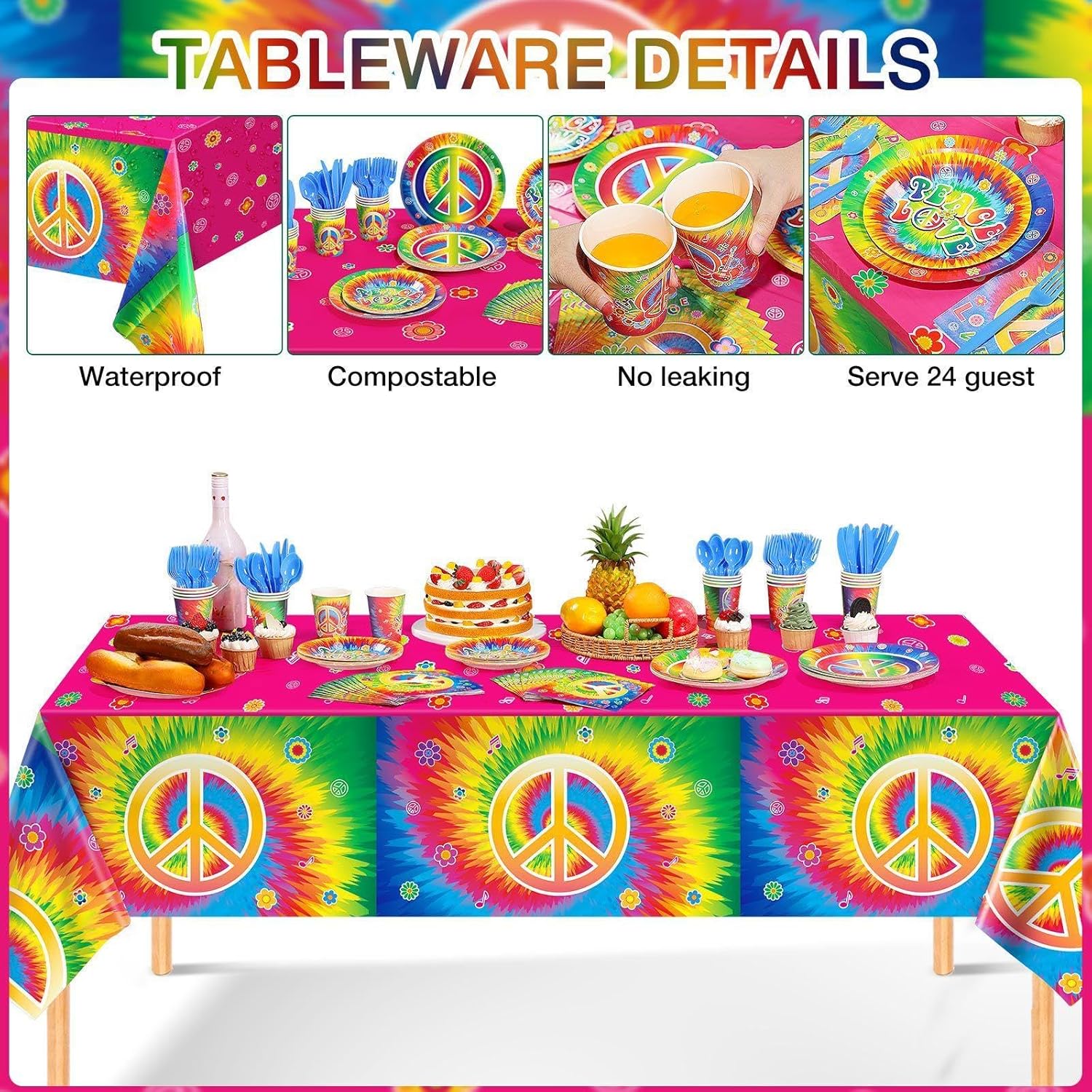 172 Pcs Tie Dye Birthday Party Supplies Serves 24, 60's Hippie Theme Party Decorations Happy Birthday Banner Tie Dye Tablecloth Peace Love Plates Napkins Tableware Set for 60s Hippie Groovy Party