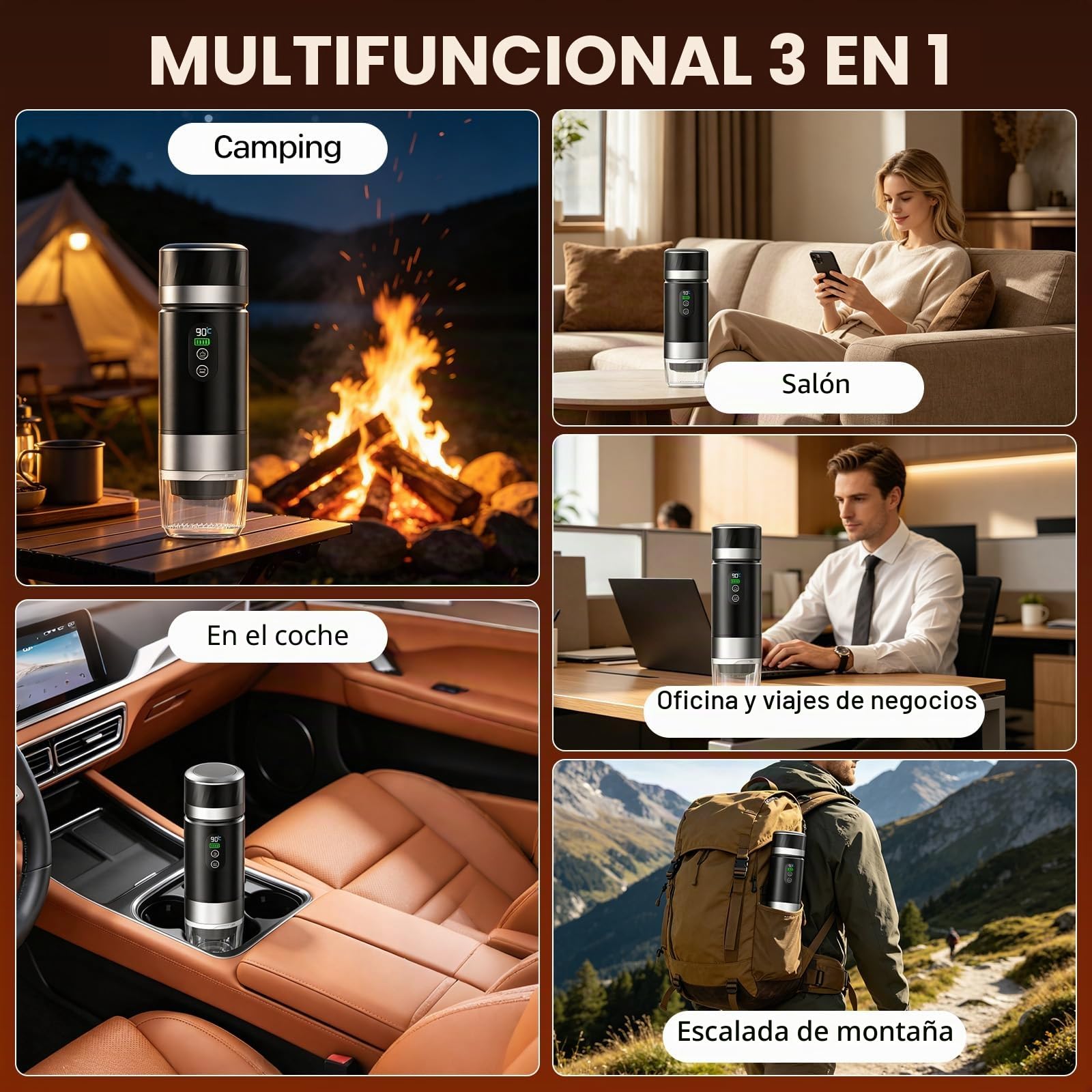 VHV Cafetera de café portátil, 3 en 1 cafetera de café expreso eléctrica, 12 V café expreso recargable, para oficina, viaje, casa, compatible con cápsulas espresso y café molido