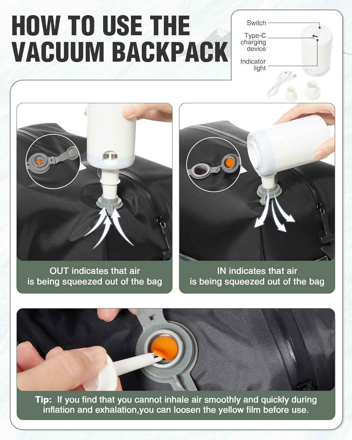 Large Vacuum Backpack Travel with Pump, Waterproof Compression Backpack, Airback Personal Item Carry on Backpacks, Vacpack Compression Bags for Seal, Business Travel Backpacks for Women Men - Image 7