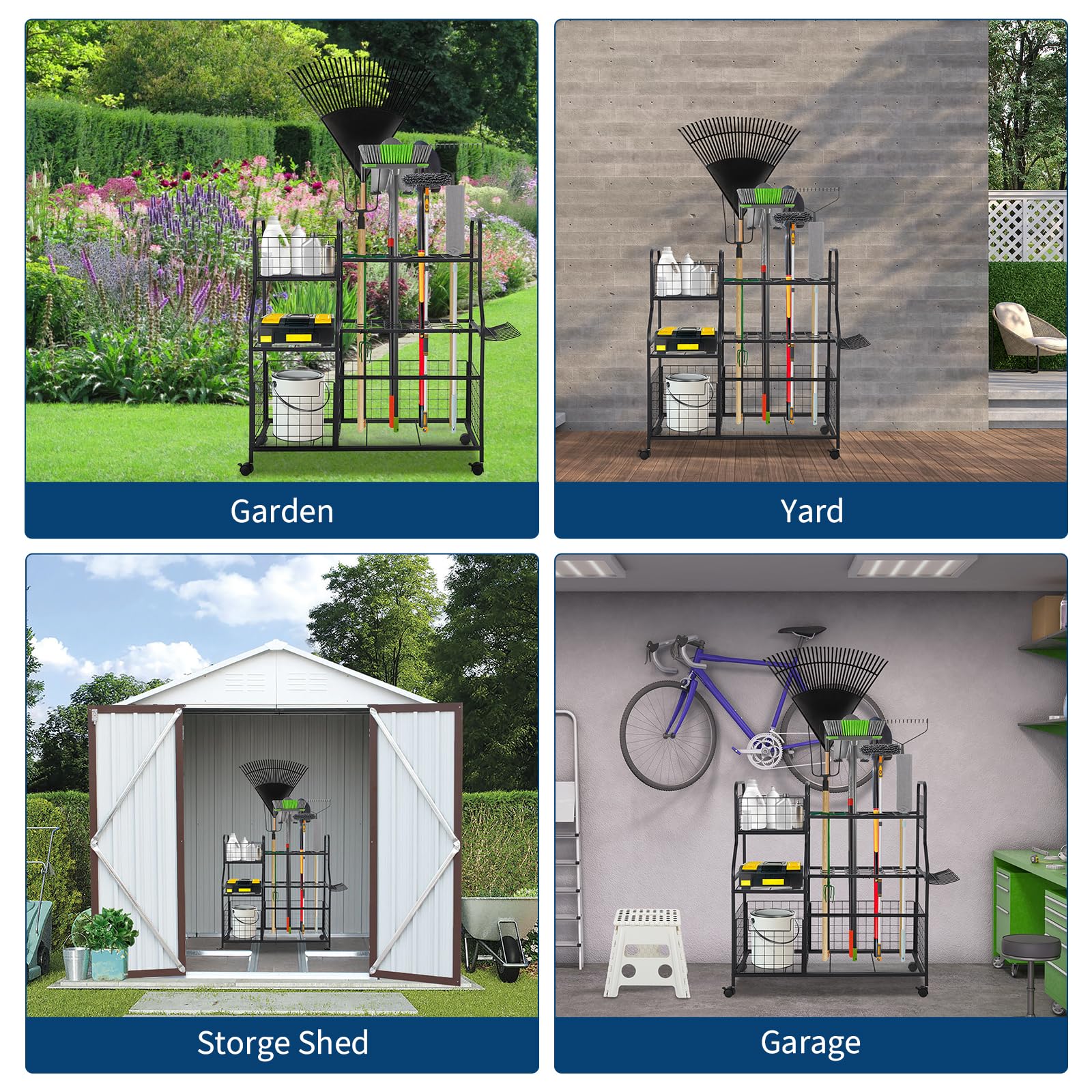 Gartenwerkzeug-Organizer mit Rollen und Korb, Hof-Regal mit 6 Regalen, freistehender Garagen-Werkzeug-Organizer für Hof, Schuppen und Rasen