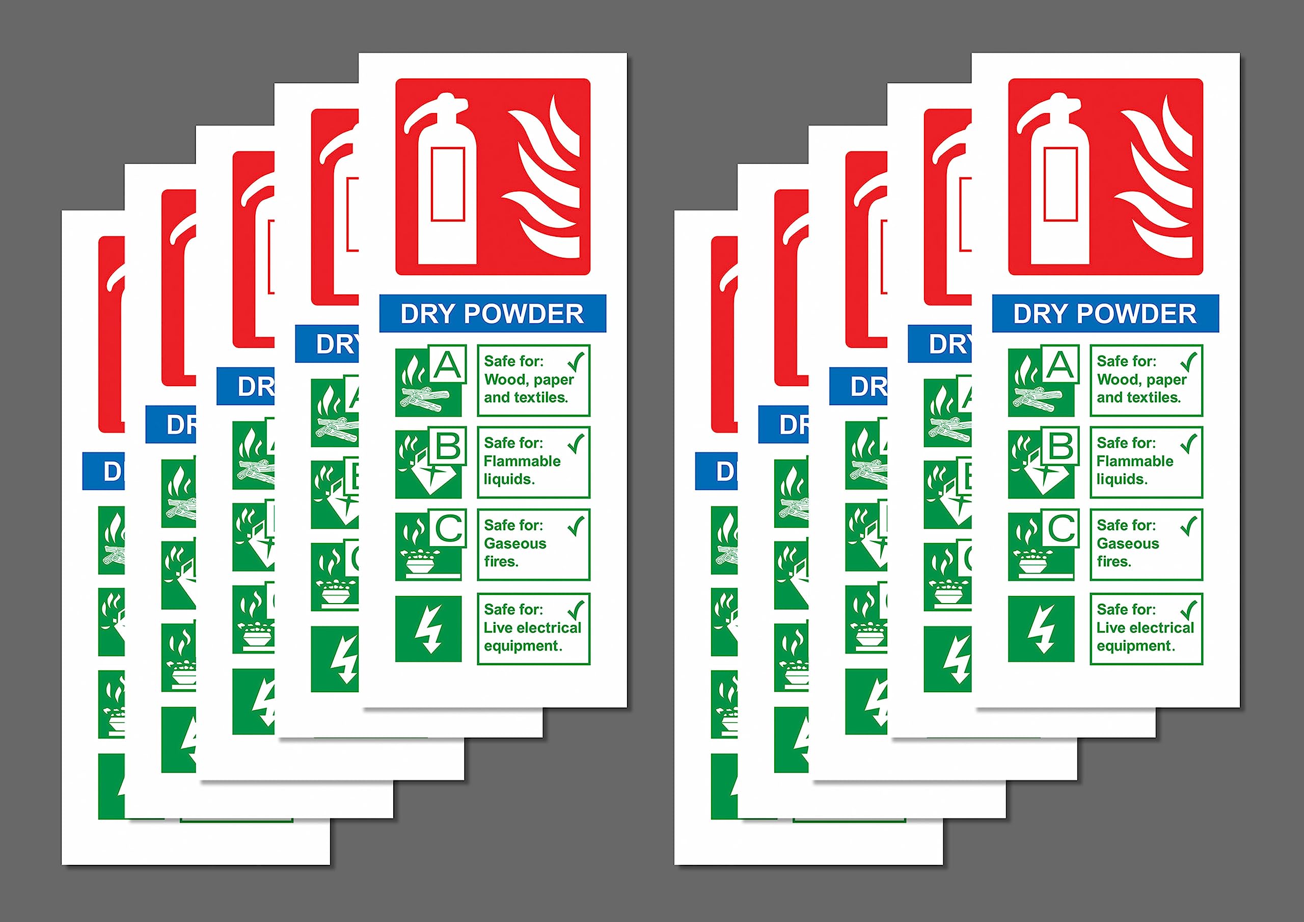 Dry Powder Fire Extinguisher ID Safety sign 200mm x 80mm (Pack of 10 signs) - 1mm flexible Plastic sign