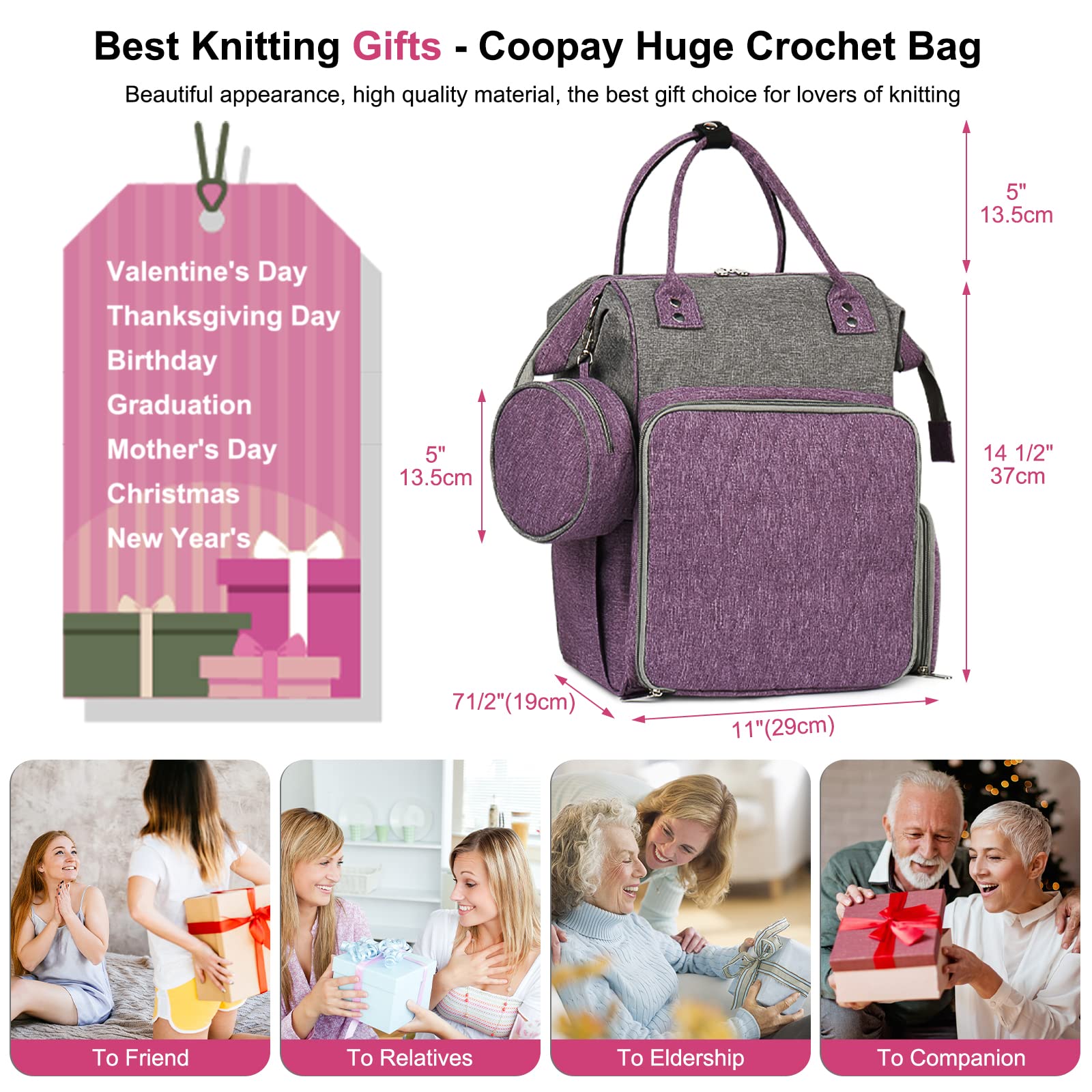 Coopay Multifunktion Stricktasche Rucksack, Reise Häkeltasche mit 6 Garnösen, Große Garnaufbewahrung Tasche für unfertige Projekte, Häkelnadel, Stricknadeln, Wolle, Strick- und Häkelzubehör, Grau Lila