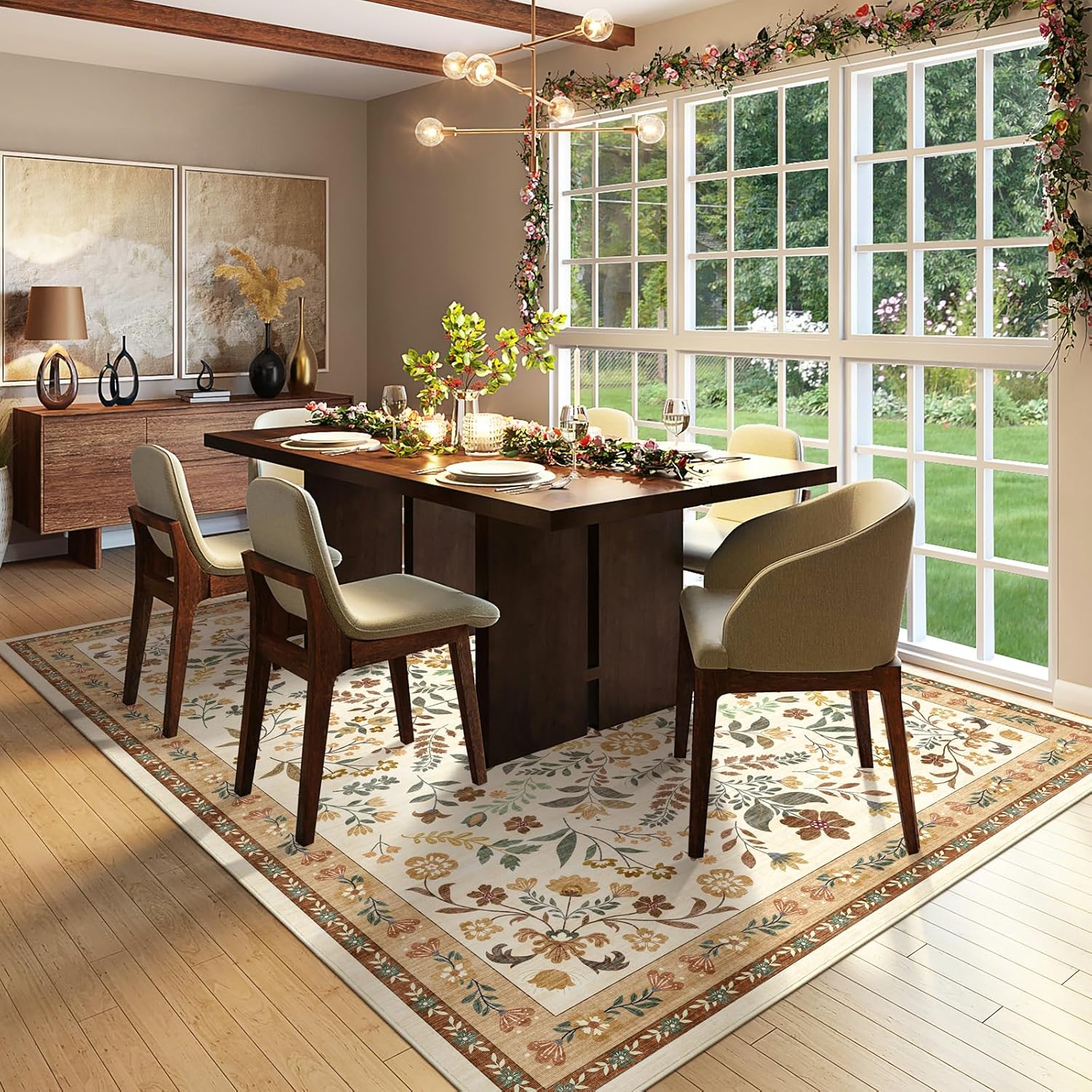 Floral Washable Rug 5' x 8' Beige Area Rugs for Bedroom Low Pile Faux-Wool Carpet Ultra Soft Non-Slip Machine Indoor Rug for Living Room, Dining Room, Nursery, Kids Playroom Boho Design