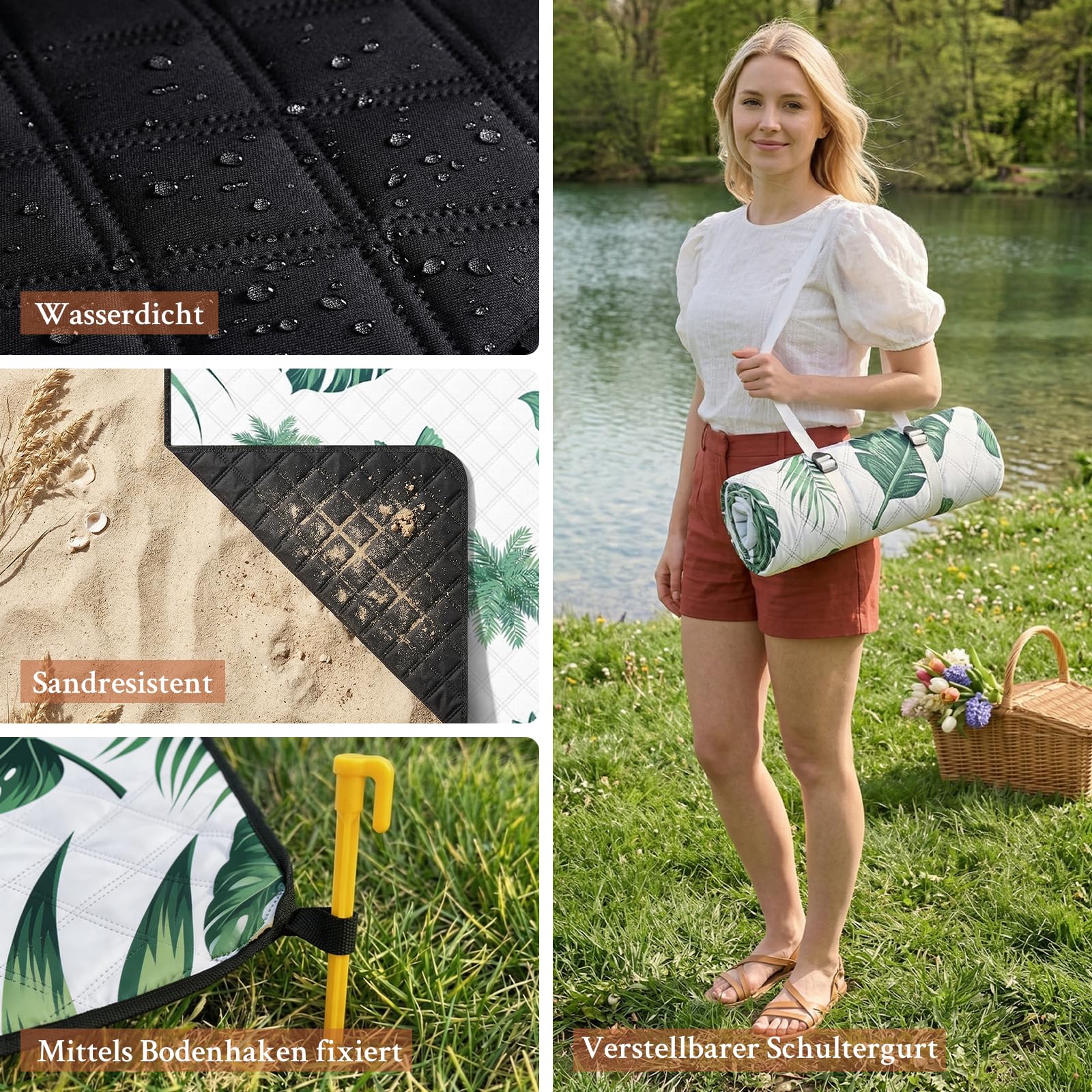 TXBOBECO Koc piknikowy 200x200cm XXL, wodoszczelna mata plażowa bez piasku, koc na kemping na świeżym powietrzu z uchwytem i kołkami, do pikniku, kempingu, parku, ogrodu - liść